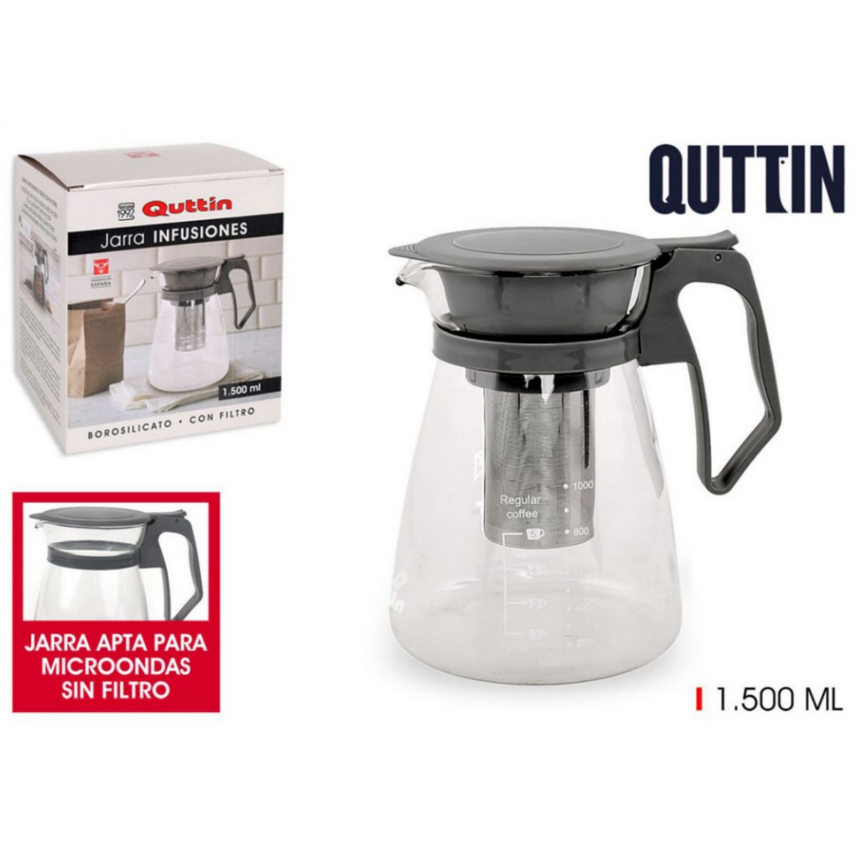 ZYLX SHOPPING – Jarra de Infusiones Quttin con Filtro Acero Inoxidable 1100 ml / 1500 ml Vidrio Borosilicato