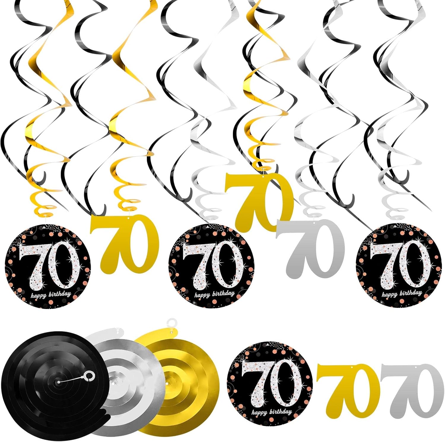 Decoraciones de Cumpleaños, Remolinos de Decoraciones de Fiesta, 18 Piezas Remolinos Colgantes de Papel Aluminio de Techo Espirale, Plata Dorado Negro Mujer Hombre Suministros de 70, 40 y 30 Años