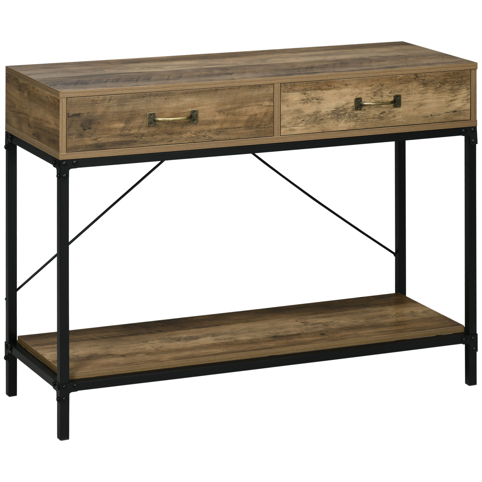 HOMCOM Mesa de Consola Industrial, Mesa de Sofá con 2 Cajones y Estante, Consola para Recibidor con Patas de Metal, para Salón, Pasillo, Entrada, Marrón y Negro