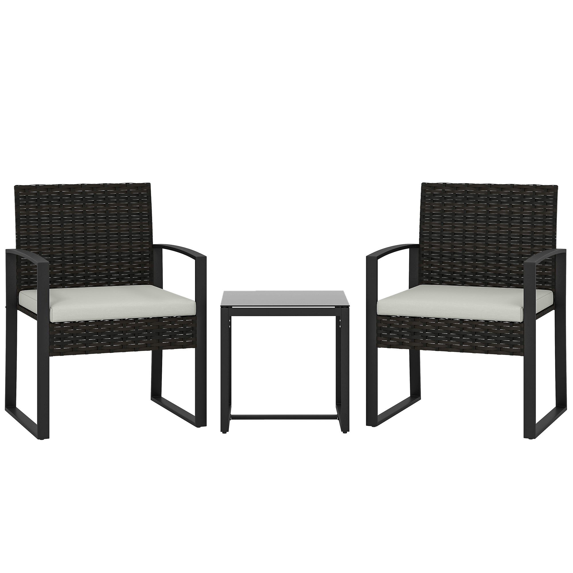 Outsunny Conjunto de Jardín Exterior de 3 Piezas, Muebles Jardín Exterior de Ratán con 2 Sillas con Cojines Lavables y Mesa de Vidrio Templado, Resistente a Intemperie, para Balcón, Patio