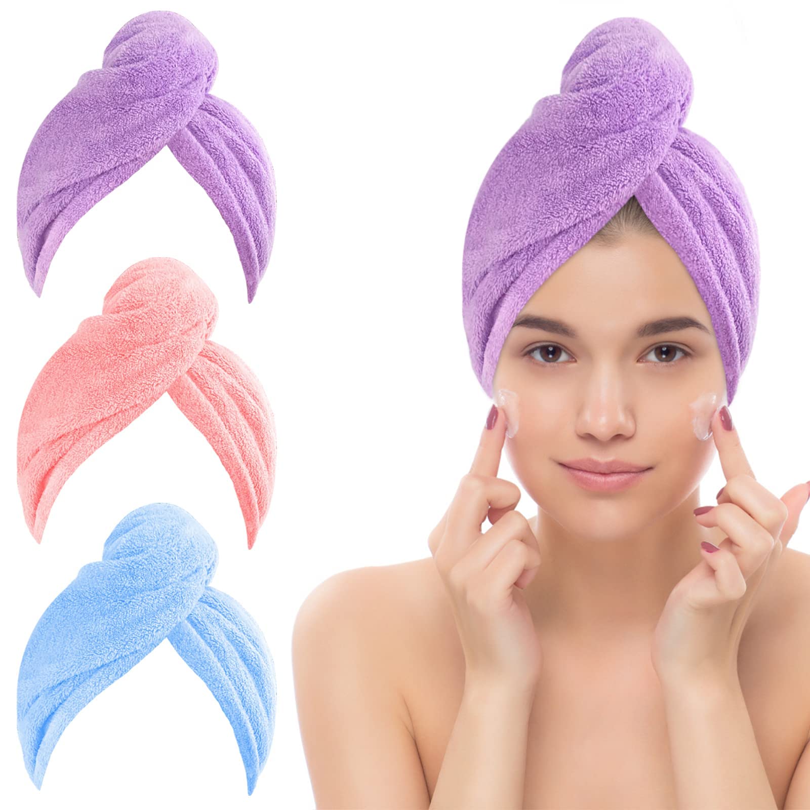 TK Paquete de 3 toallas para el Cabello, microfibra con botón, absorbente, antiencrespamiento, gorros para el cabello de Seco, turbante para Niñas, Mujeres y Cabello Largo, Húmedo y Grueso
