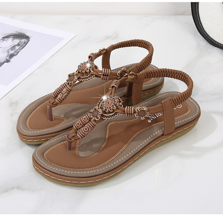 TK Zapatos de playa europeos y americanos para mujer, verano 2025. Zapatos casuales planos anchos con cuentas de madera tejidas.