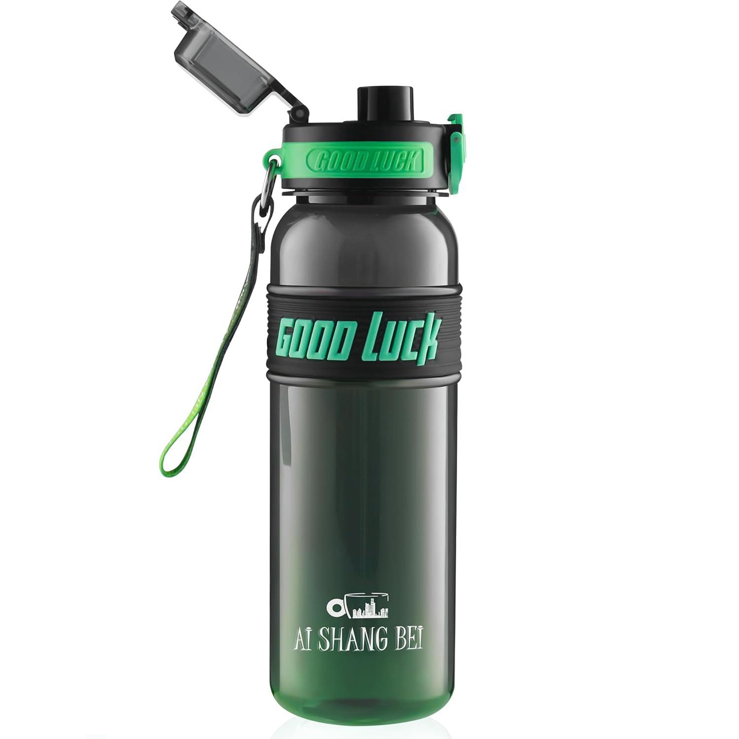 Botella de Agua “GOOD LUCK” con Pajita y Tapa Hermética – 1 L Reutilizable, Libre de BPA, con Esponja de Limpieza Incluida – Varios Colores