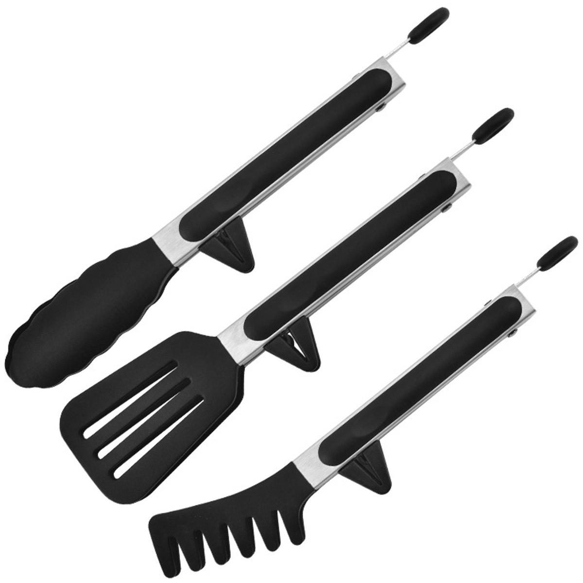 Pinzas de cocina, pinzas de 26,5 cm con puntas de silicona, pinzas para servir aptas para alimentos, juego de 3, color negro.
