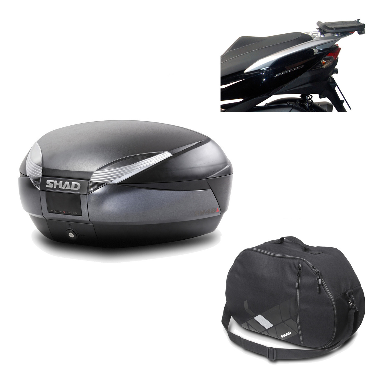 Baul Trasero + Herraje Montaje + Bolsa Interna Sh48 Dark Grey Premium KIT-189564