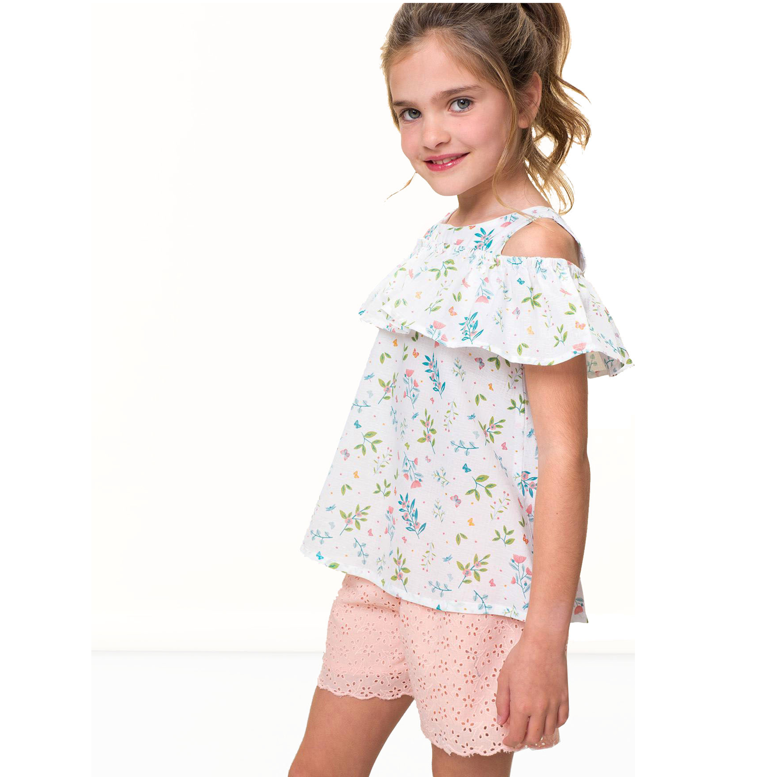 Conjunto Niña Verano Petit Alo 2 Piezas - Blusa Estampada Flores + Short Rosa Bordado - 100% Algodón