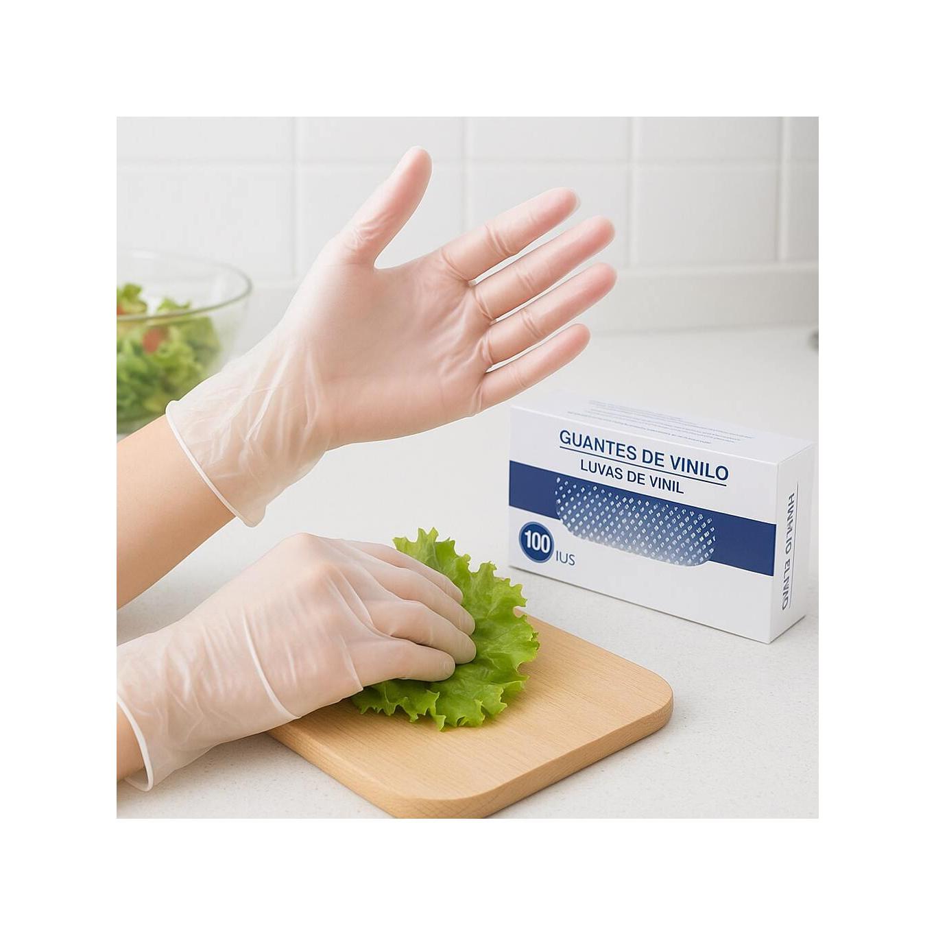 2pc de Guantes desechables de vinilo sin polvo – Transparentes, aptos para uso alimentario y protección – Caja de 100 unidades (Tallas S/M/L disponibles)
