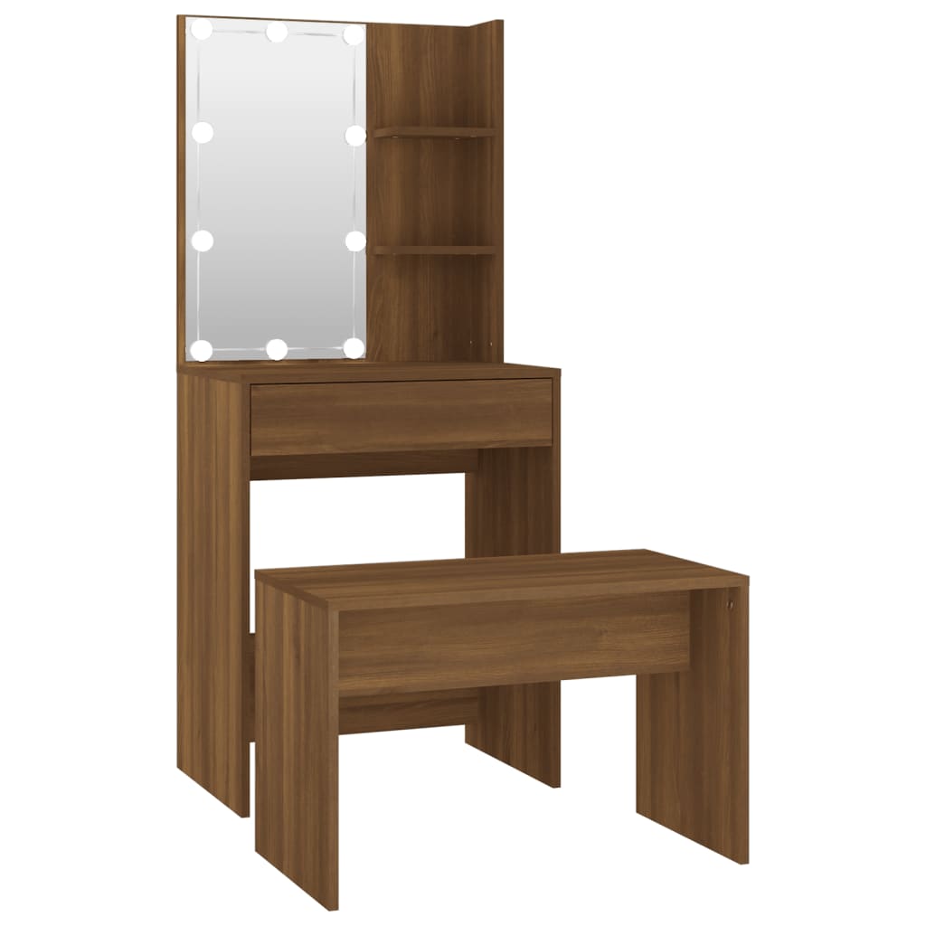 vidaXL Juego de tocador con LED madera contrachapada roble marrón