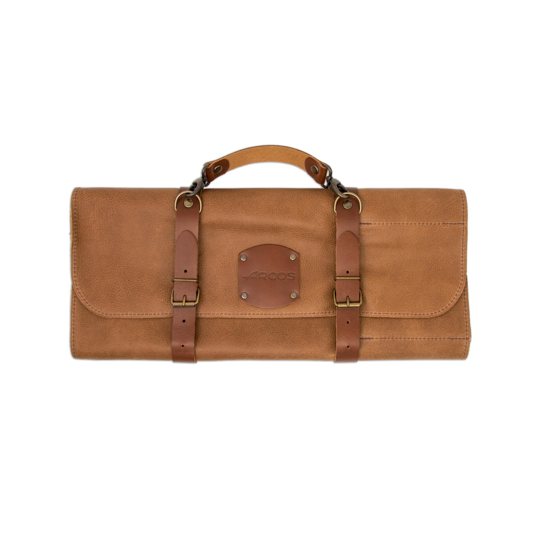 ARCOS Bolsa cuchillos Arcos| Bolsa cuchillos cocina profesional Arcos | Estuche profesional porta cuchillos Arcos| 10 pzas | 42 cm largo | Asa para transportar| Cuero color miel| Hebilla ajustable