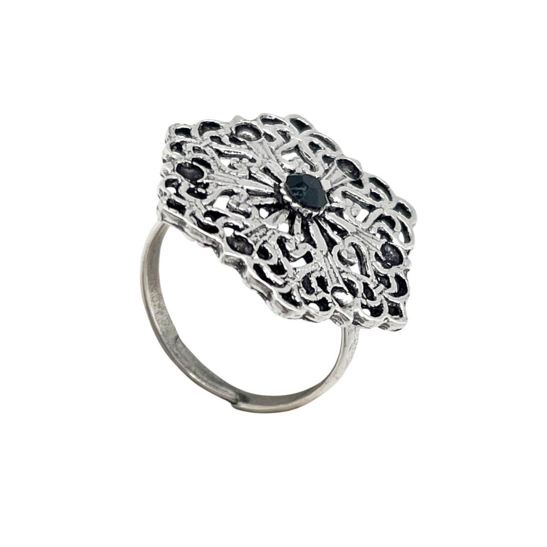 Anillo Retro cristal negro y plata envejecido chapado