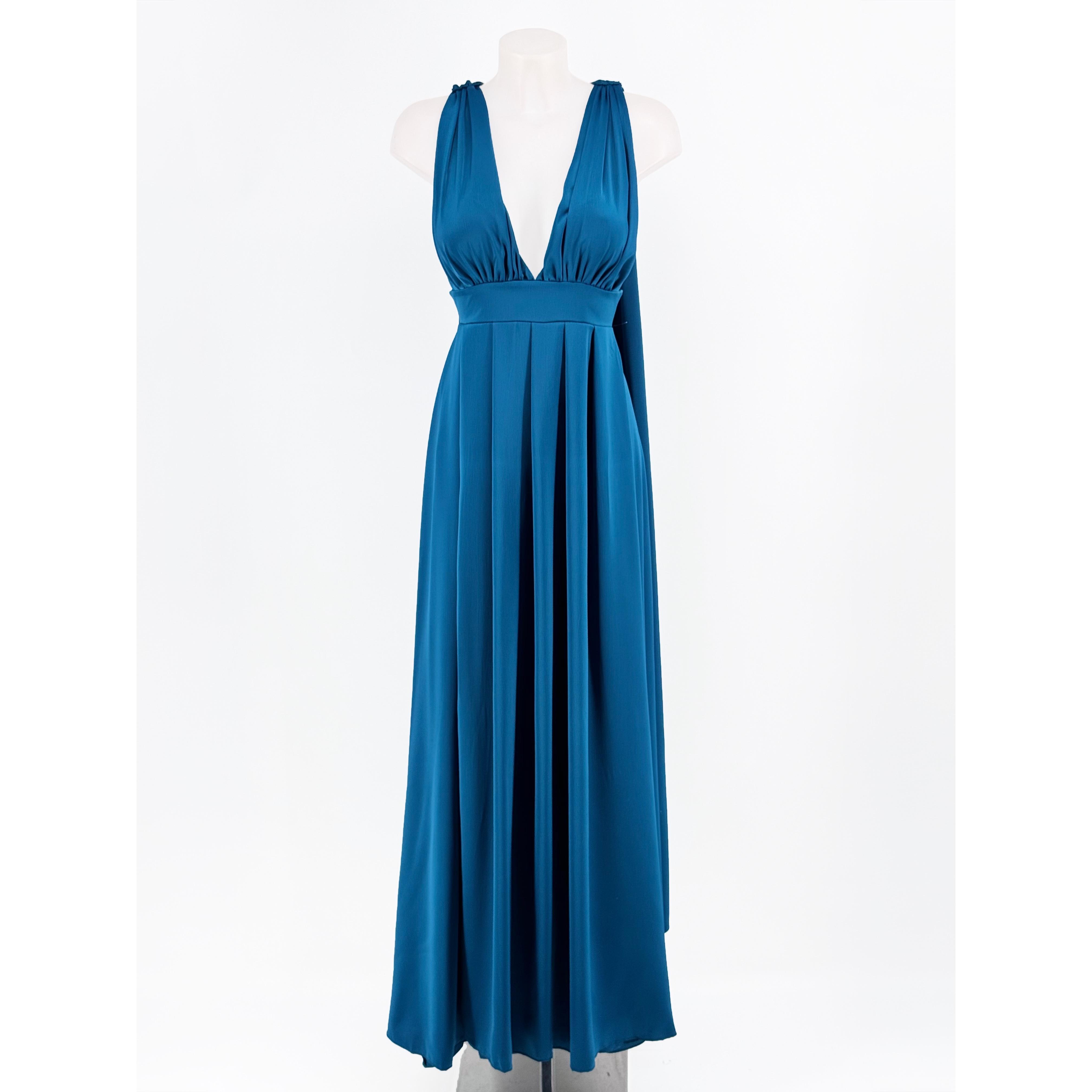 Vestido Largo de Seda Artificial con Escote en V Profundo y Espalda Descubierta, Falda con Volumen y Abertura Frontal Elegante