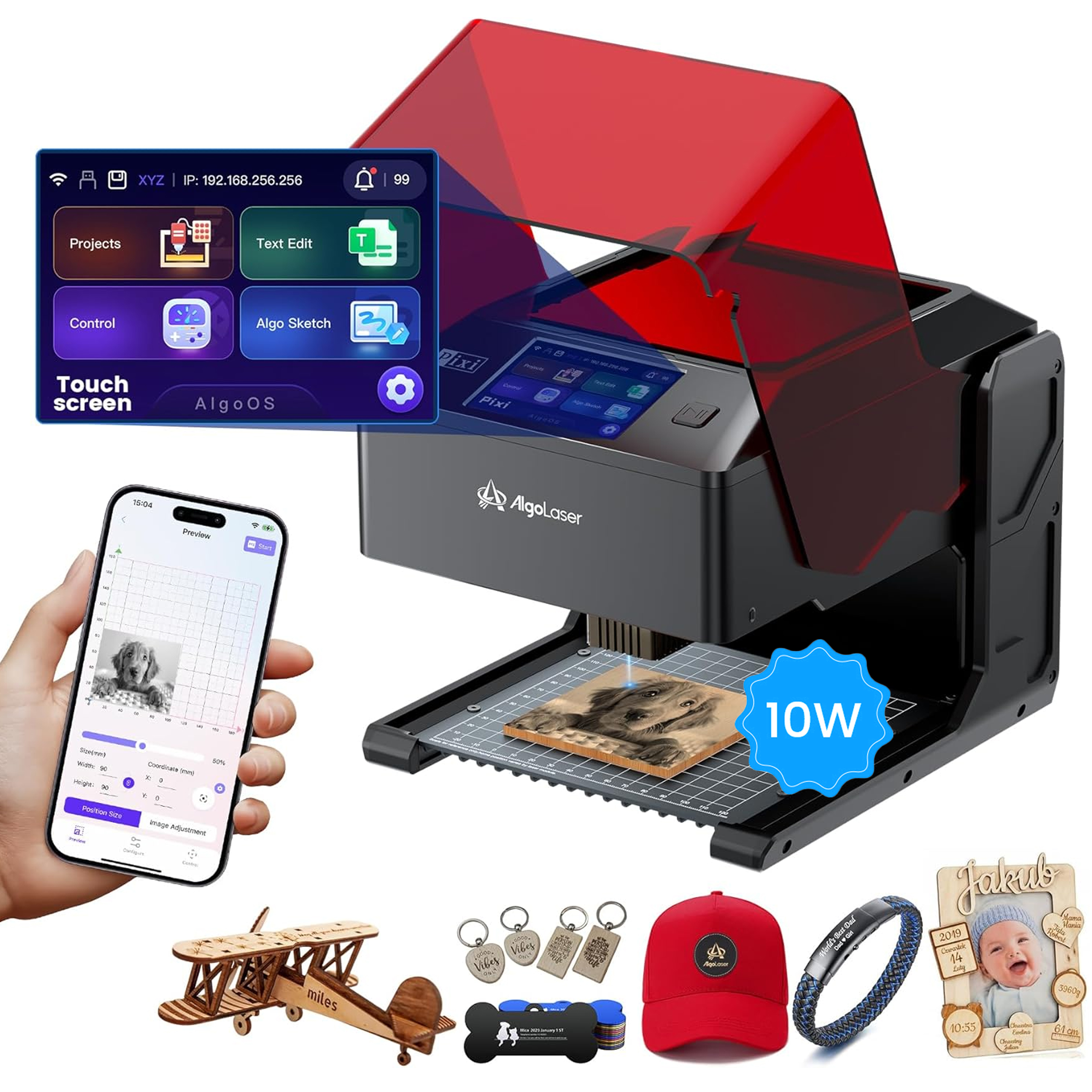 Grabadora láser / Cortadora por láser AlgoLaser Pixi 10W: portátil e inteligente con pantalla táctil de 3,5", grabado manual/inalámbrico/con tarjeta SD/sin conexión, sistema AlgoOS 2.0,Aplicable madera, acrílico, metal o hojas secas.