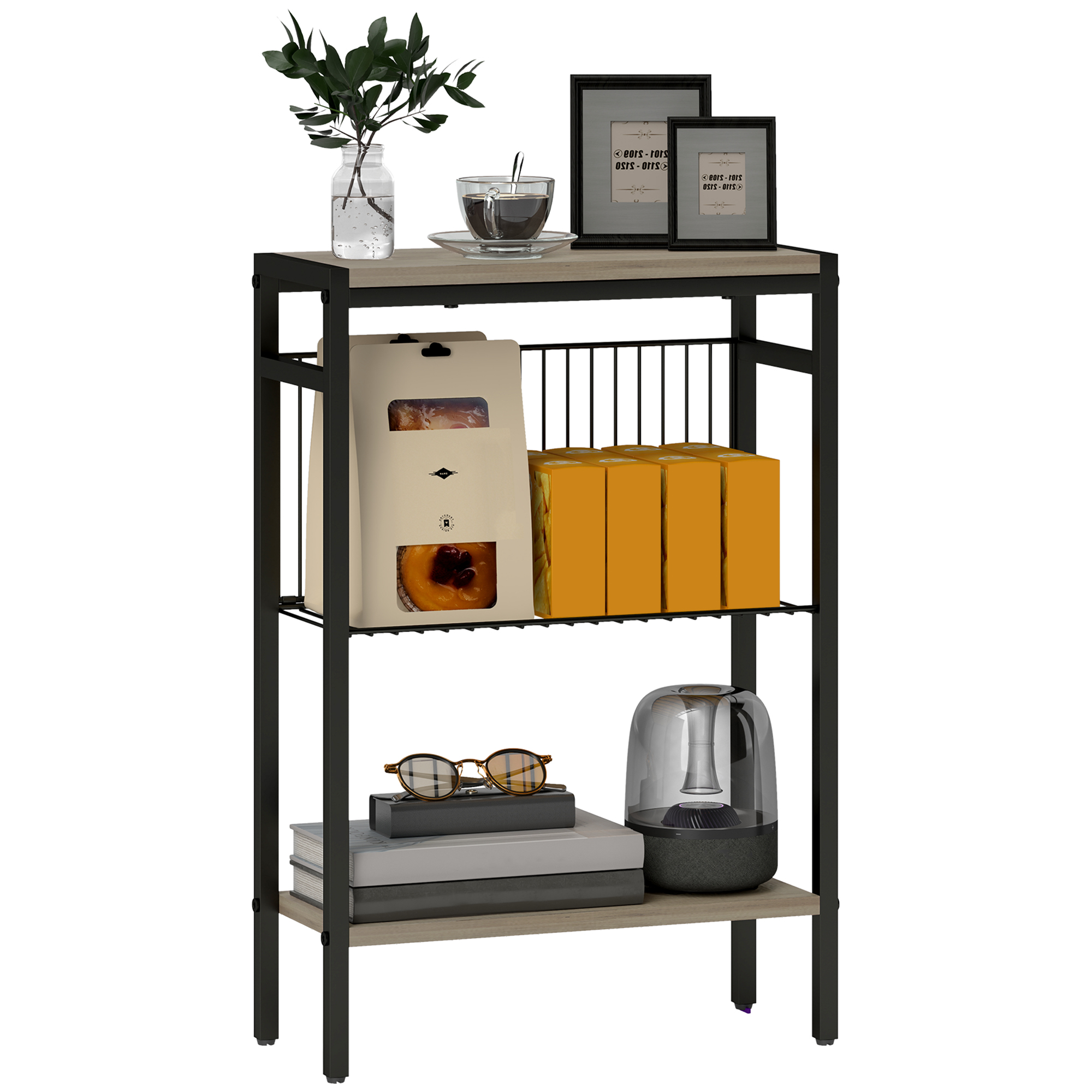 HOMCOM Mesa Auxiliar Estrecha de 3 Niveles Mesita Auxiliar Industrial con Estantes Abiertos y Estructura de Acero para Salón Dormitorio 43x18x62,5 cm