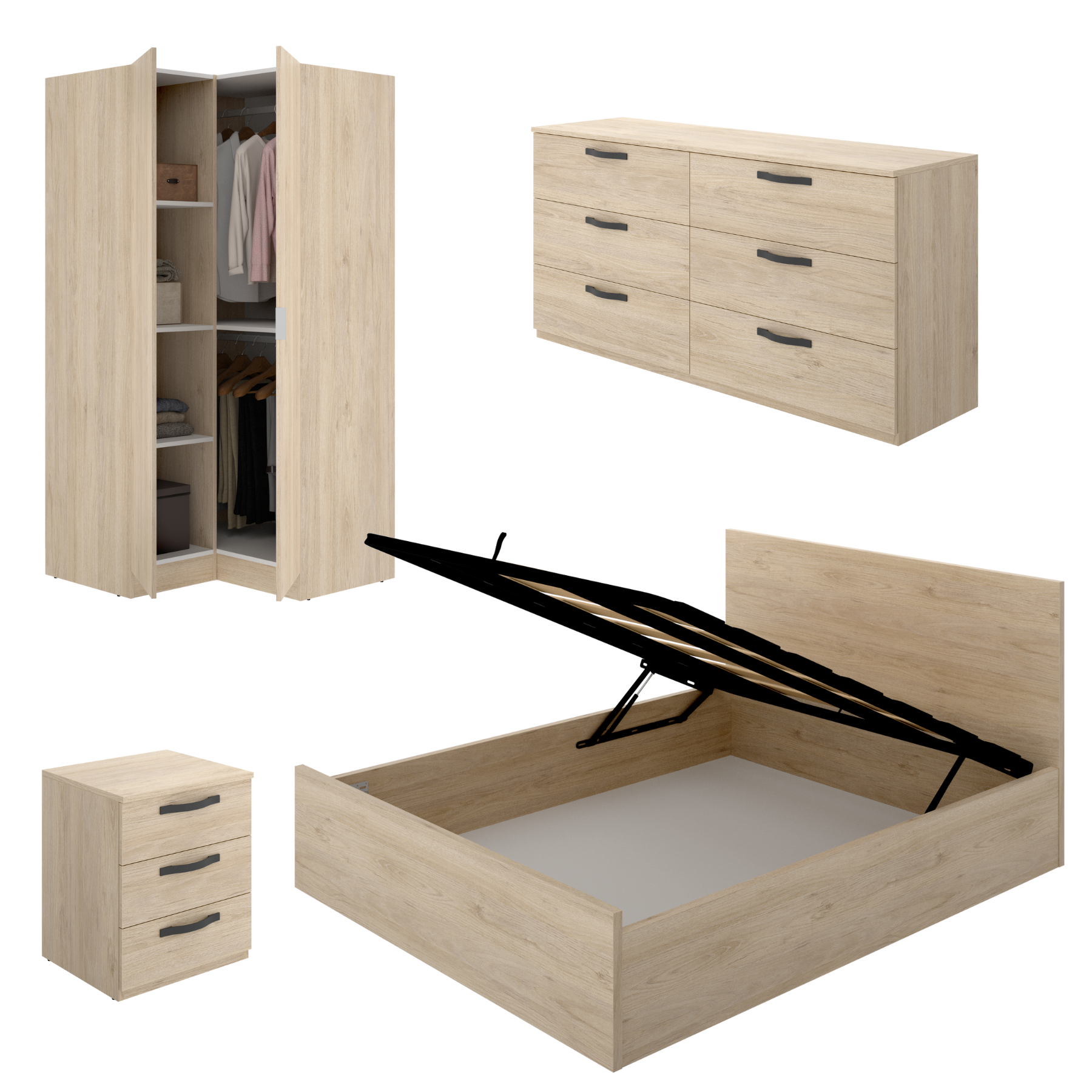 Dekit Conjunto de Dormitorio VASA con Canapé y Armario en Roble Natural