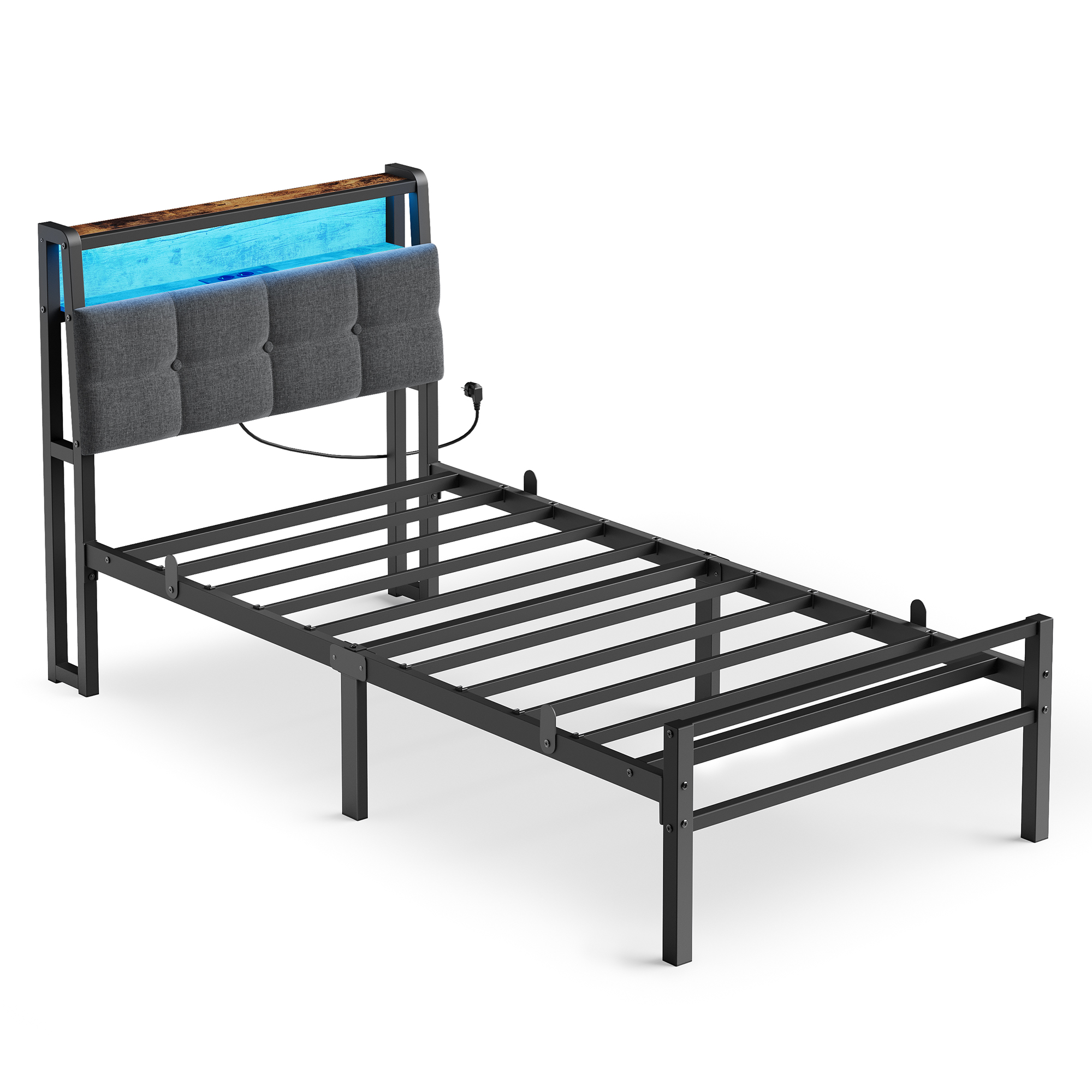 VASAGLE Estructura de Cama de Metal con Cabecero Tapizado, Luces LED y Puertos USB, 90 x 190 cm, Negro y Marrón