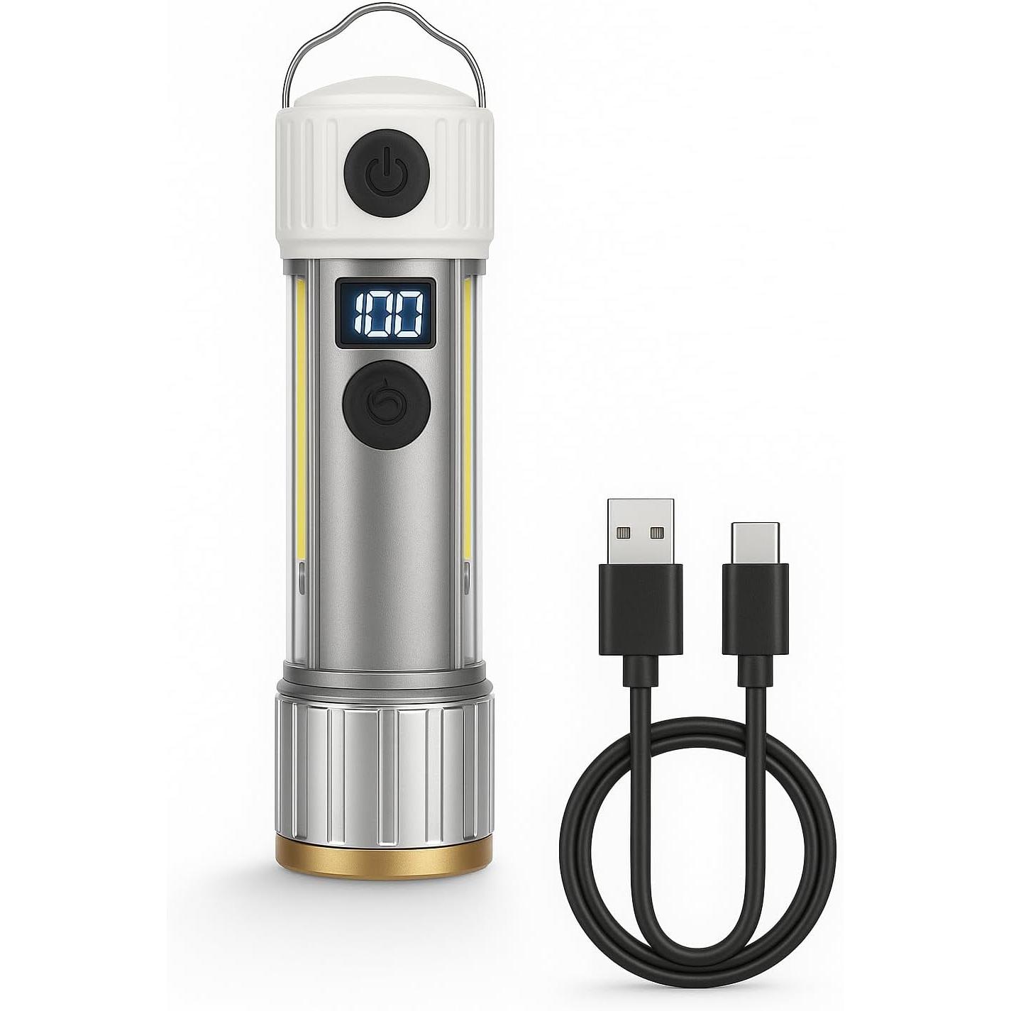Linterna LED recargable 8000 lúmenes con zoom telescópico y 7 modos |Power bank USB-C, pantalla digital, base magnética y gancho|Resistente al agua IP55 para camping, senderismo y emergencias