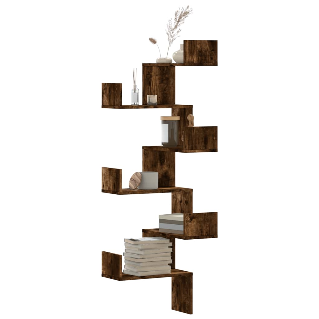 vidaXL Estantería de pared de esquina madera 45x45x147cm en color Gris hormigón/Marrón roble/Roble ahumado y más | almacenamiento funcional diseño moderno para baño dormitorio sala