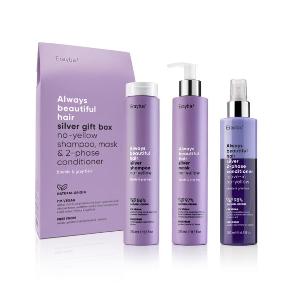 ERAYBA PACK SILVER GIFT BOX NO-YELLOW SHAMPOO 250ML - MASK 250ML-& 2-PHASE CONDITIONER 250 ML  Always beautiful hair
