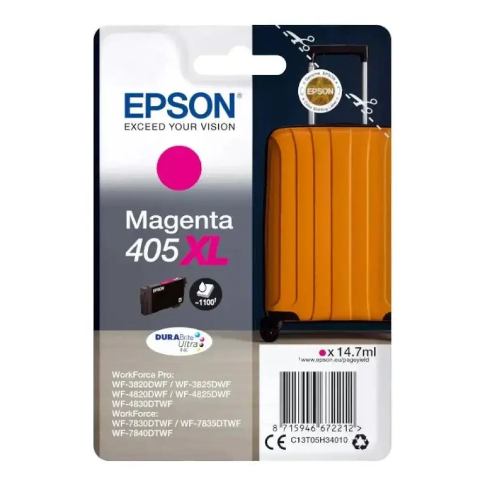 Epson - Cartucho de tinta original magenta 405XL Durabrite Ultra para impresoras WorkForce Pro, resistente al agua y al borrado, rendimiento hasta 1100 páginas