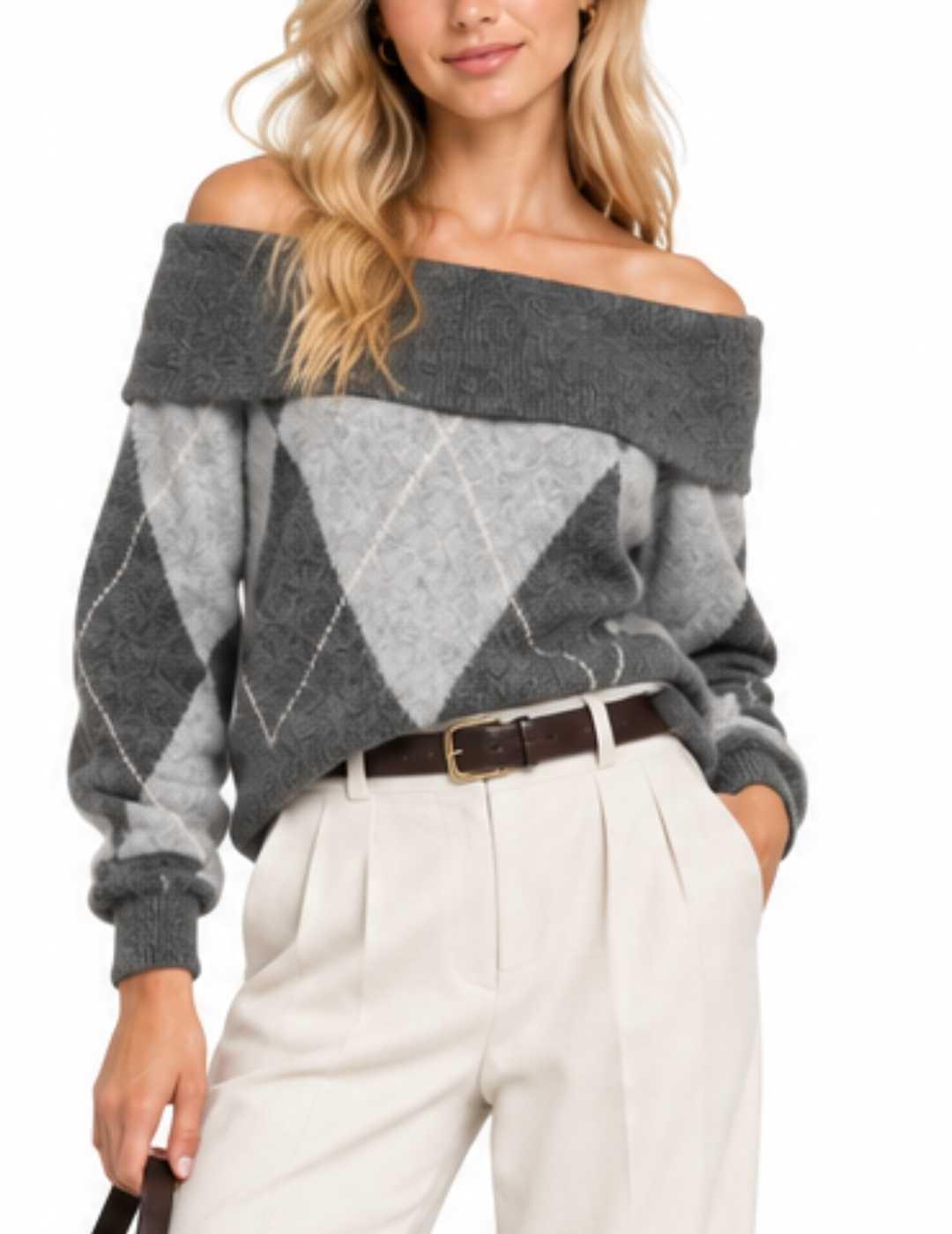 Jersey Only Alivia gris rombos hombros al aire de mujer