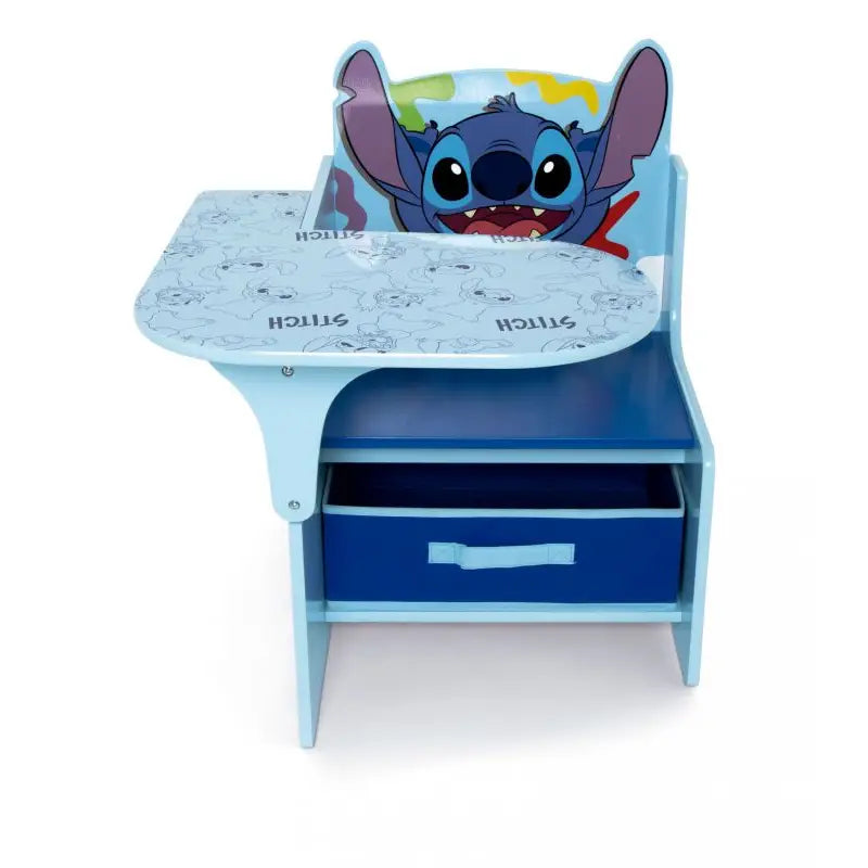 Stitch - Silla pupitre infantil con cajón de tela, fabricada en madera pintada y tablero de DM, ideal para estudiar, jugar o manualidades, cumple normativa europea