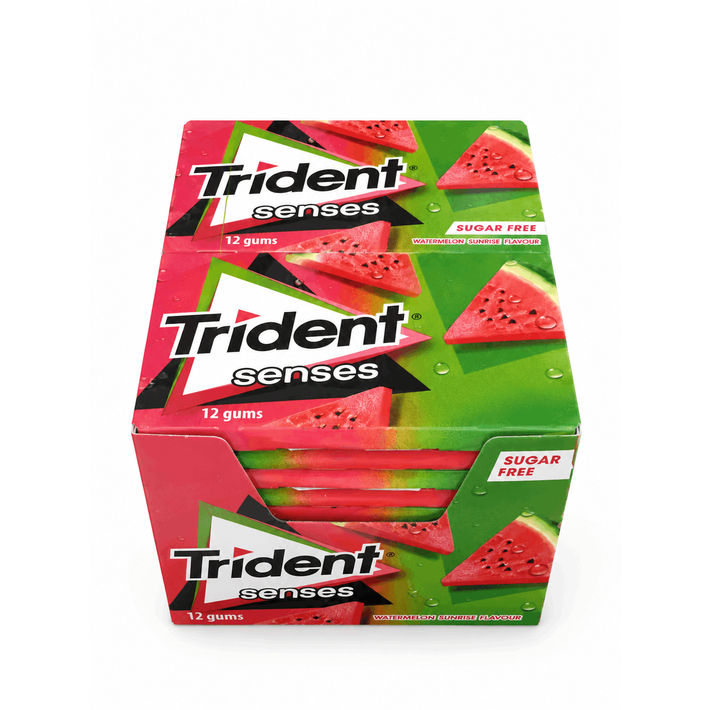 CHICLES TRIDENT SENSES PACK 12X23G SABOR FRUTOS ROJOS, FRUTAS TROPICALES, HIERBABUENA O SANDIA TOTAL 276G