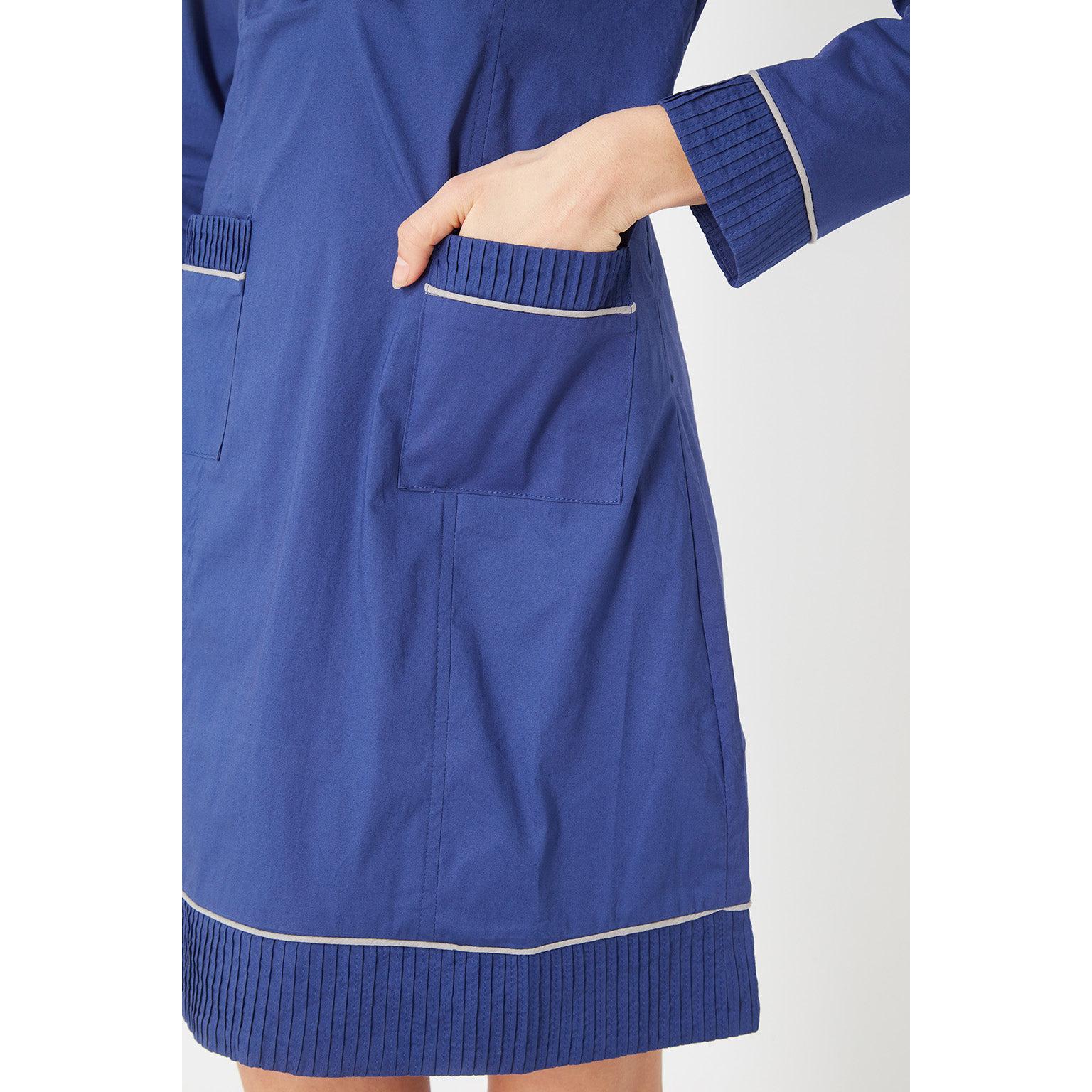 Vestido casual mujer dress modelo evasé manga larga bolsillos delanteros cuello tunecino volantes plisados ribete contraste azul talla L cómodo versátil elegante ✅Entrega 24/48h