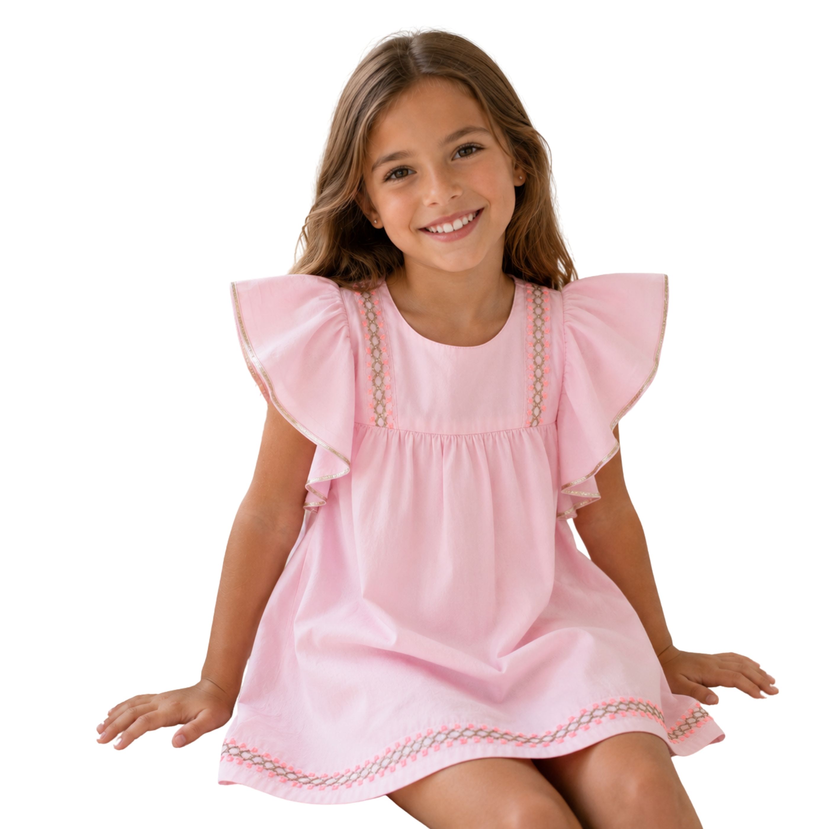 Vestido Niña Rosa Elegante Formal 100% Algodón -Manga Corta con Volante - Bordados Étnicos en oro y rosa de 2 a 16 años