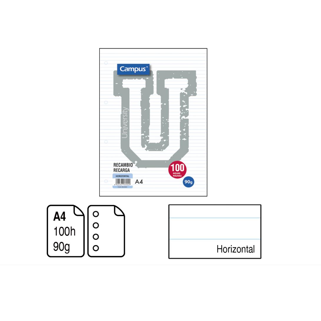 RECAMBIO DE HOJAS PERFORADAS PARA ARCHIVADOR CAMPUS A4 CUADRÍCULA 3 MM/4MM,HORIZONTAL,DOBLE RAYA 2.5MM,LISO PARA ELEGIR PACK 100 HOJAS . 90 G. HOJAS DE PRIMERA CALIDAD. 5PACKS DE 100H TOTAL 500HOJAS