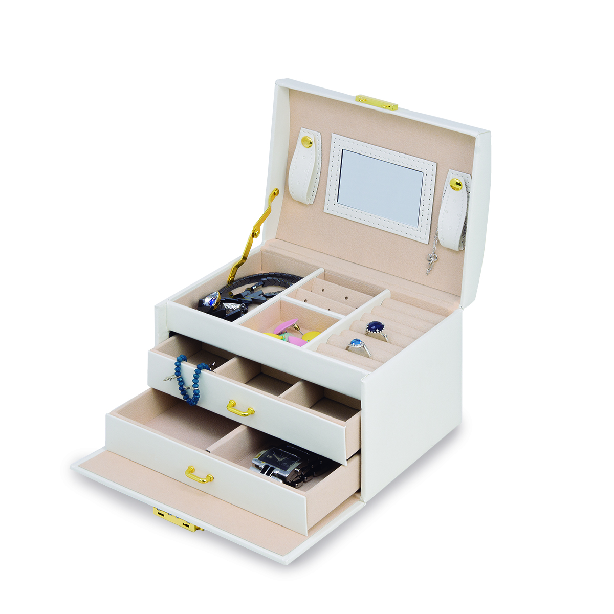 Joyeros Jocca para el hogar, viaje o decorativos de alta calidad, estables y duraderos realizados en metal o cubiertos por cuero sintético y forrados por suave terciopelo para proteger anillos, pulseras, aretes o cadenas. Ideales como regalo.