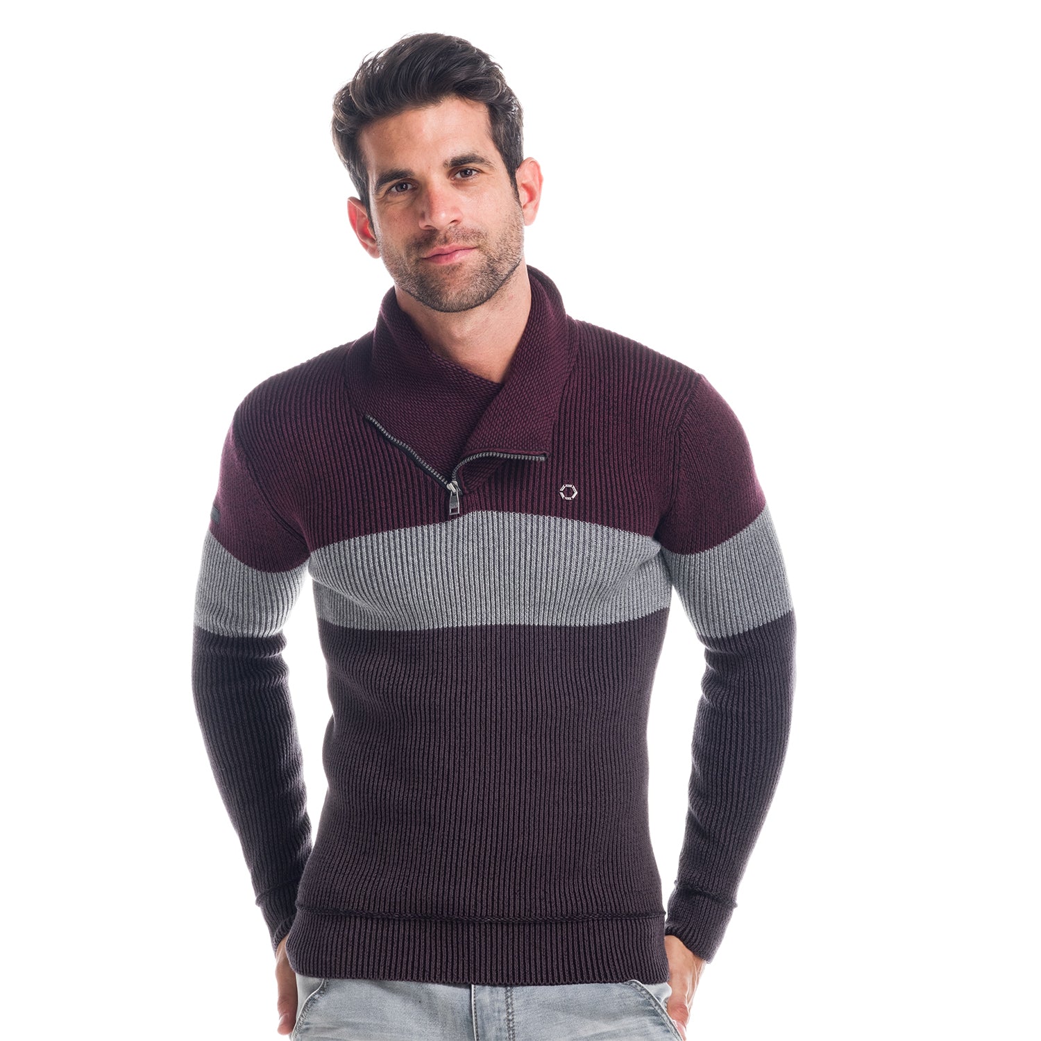 Koroshi - Jersey de punto para hombre con cuello smoking y cremallera cruzada, 100% algodón canalé en negro y granate, modelo 1821TR07