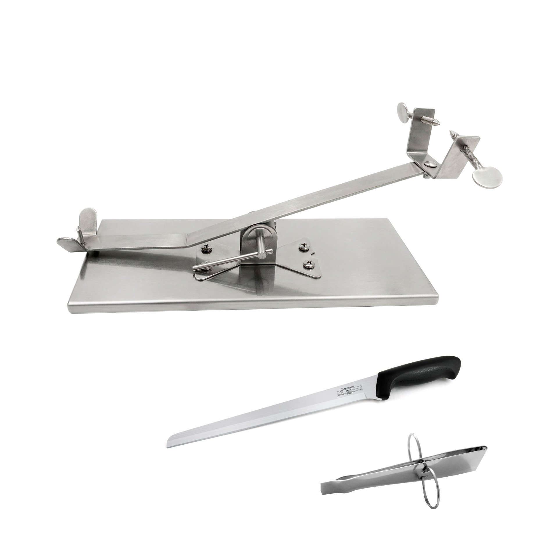 Fackelmann Set Jamonero Basculante Acero Inoxidable, 50x18 cm, Base Estable para Jamones Grandes, incluye Cuchillo Jamonero 23/34 cm y Pinzas para Jamón Acero Inoxidable 11 cm