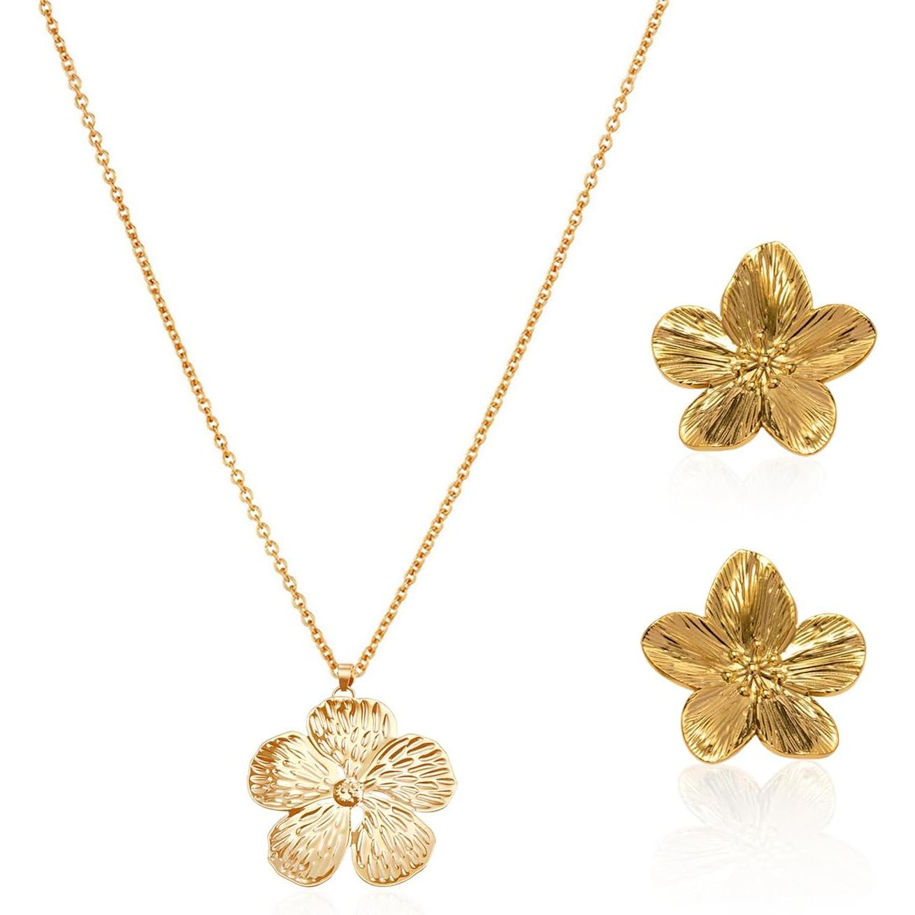1 par de aretes estilo palacio, 1 collar, aretes de flores, aretes de oro, aretes de oro para mujer, joyería de flores