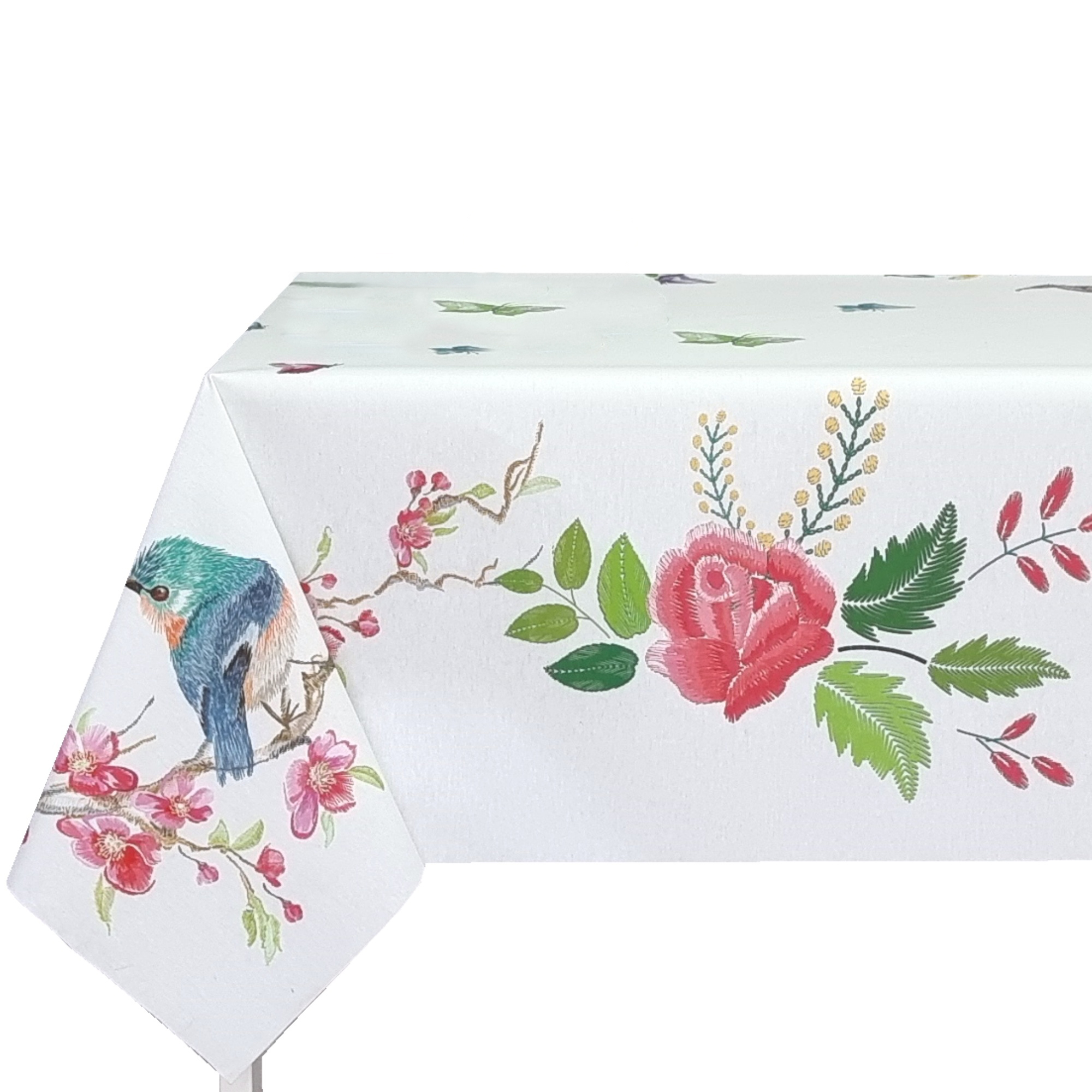 Mantel tela textil resinado suave, rectangular, Ideal para el hogar, Cocina, Comedor, Jardin, Balcon, Salon y picnic. Fácil de limpiar, Impermeable, moderno, elegantes, Fondo blanca marfil , Estilo moderno, Hojas, Flores, Pájaros，Ancho 137cm,DM174