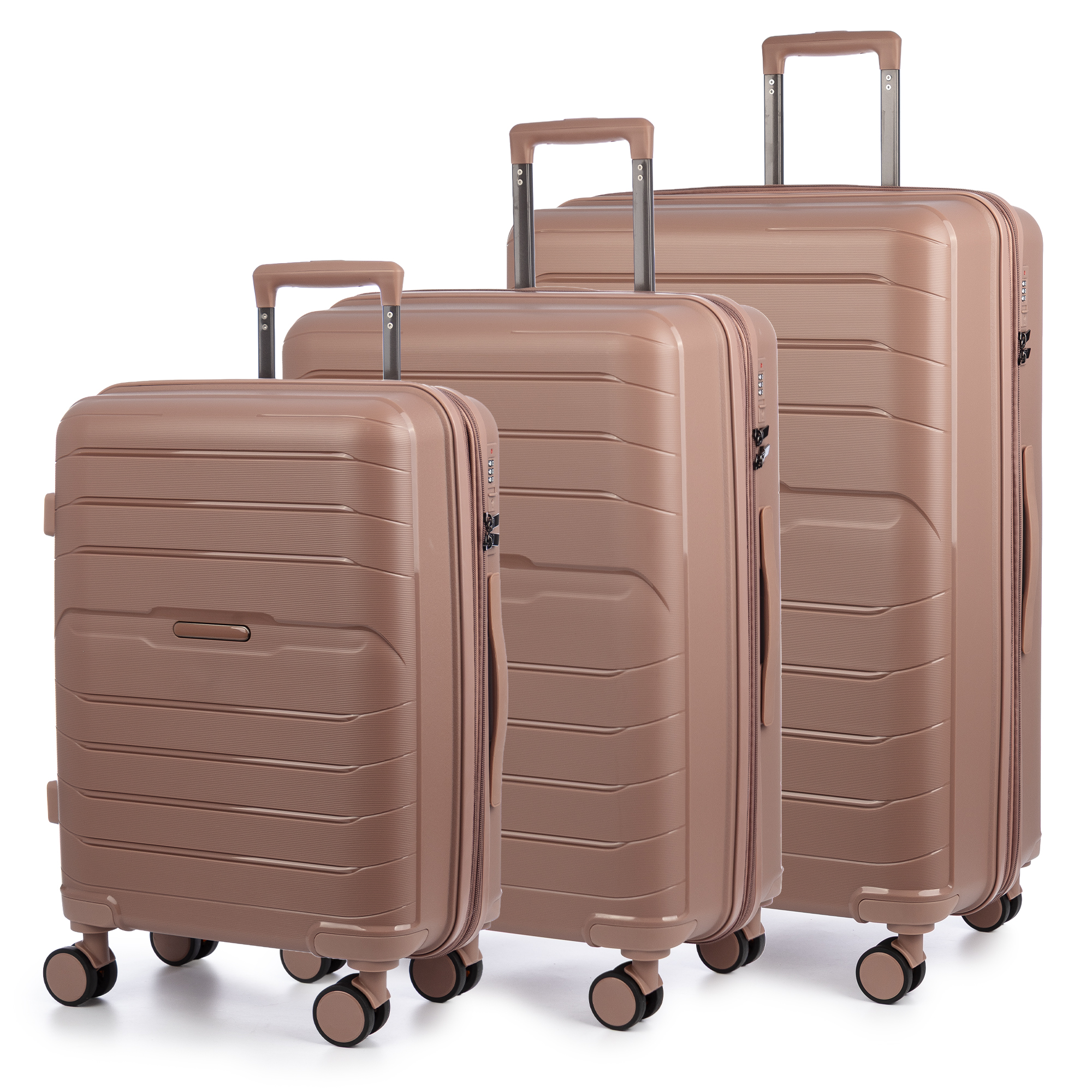 Juego de 3 maletas Trolley extensibles, en material ligero PP resistente a la rotura. Cerradura TSA numérica, 4 ruedas dobles giratorias 360°.