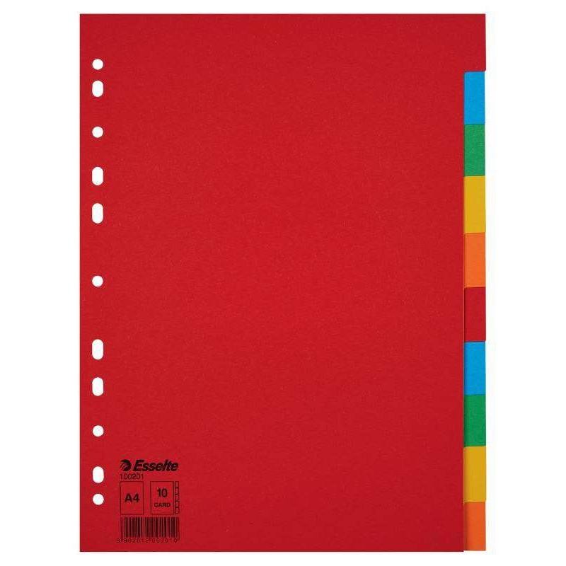 Esselte separadores scarton a4 10 pestañas 5 colores gramaje150grs sin caratula indice - multicolor materia lcarton - tamaño a4 - multitaladro - 10 pestañas 5 colores - presentacion en bolsa individual