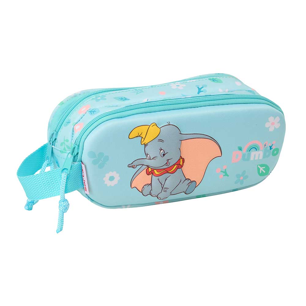 SAFTA | Estuche Portatodo Doble Dumbo Niño y Niña 21 x 8 x 6 Cm (1 Litros), Licencia Oficial Disney, Diseño 3D con 2 Compartimentos y Cremalleras, Asa Lateral de Mano, Talla Única, Ideal para Colegio y Vuelta al Cole