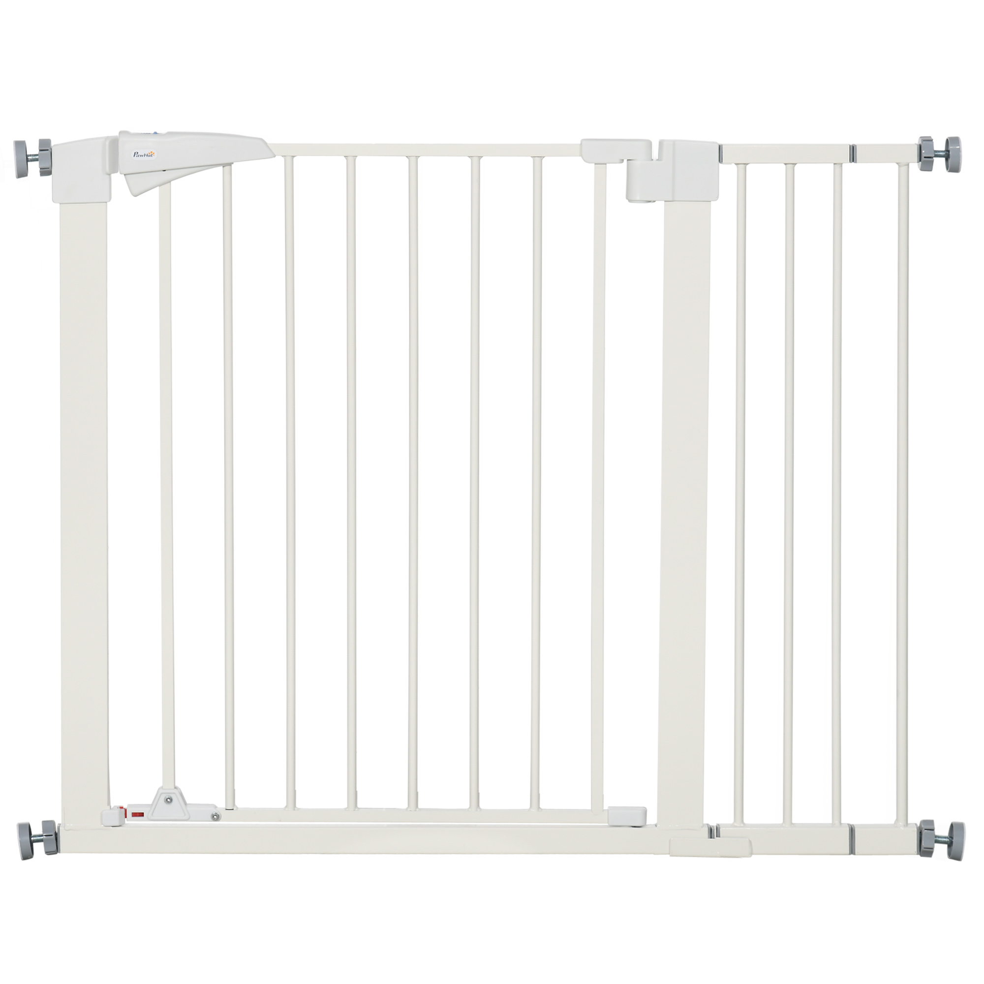 PawHut Puerta de seguridad para perros sin perforaciones, PawHut Puerta de seguridad para mascotas con cierre automático, doble bloqueo, operación con una mano, ancho 76-103 cm, color blanco
