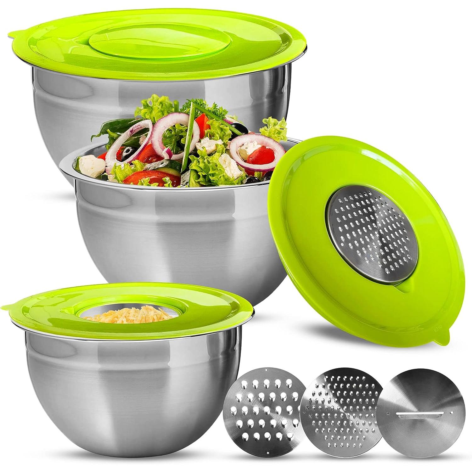 Set de 3 Boles de acero Multi-función con tapa hermética y tres Discos ralladores. 3 Tamaños 22/24/26 cm. 3 discos ( Corte plano / rallado/ juliana), 3 tapas con cierre hermético libres de BPA Selección Gourmet Tools de XSQUO Useful Tech.