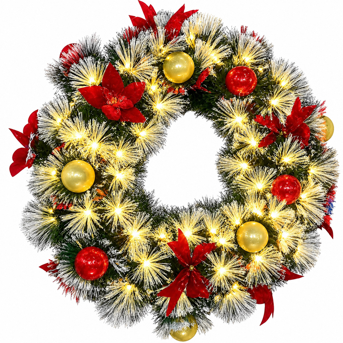 KLACK EUROPE - Corona de Navidad decorativa con luces LED cálidas, 60 cm, efecto nevado y flores ornamentales para interior
