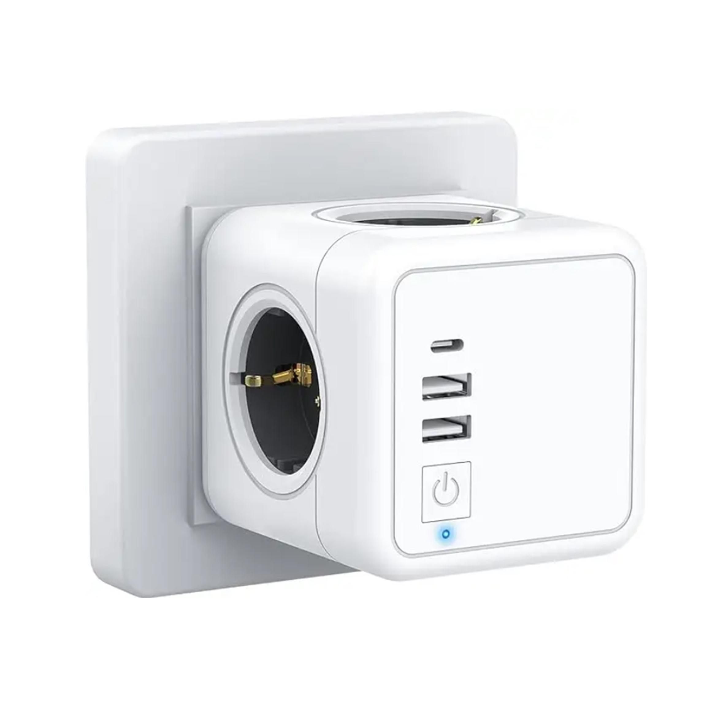 Cubo Enchufe Multiple Katalia, 7en1, 4 Tomas CA, 2 USB A, 1 USB C e Interruptor con Led, Regleta de Enchufes, Cargador