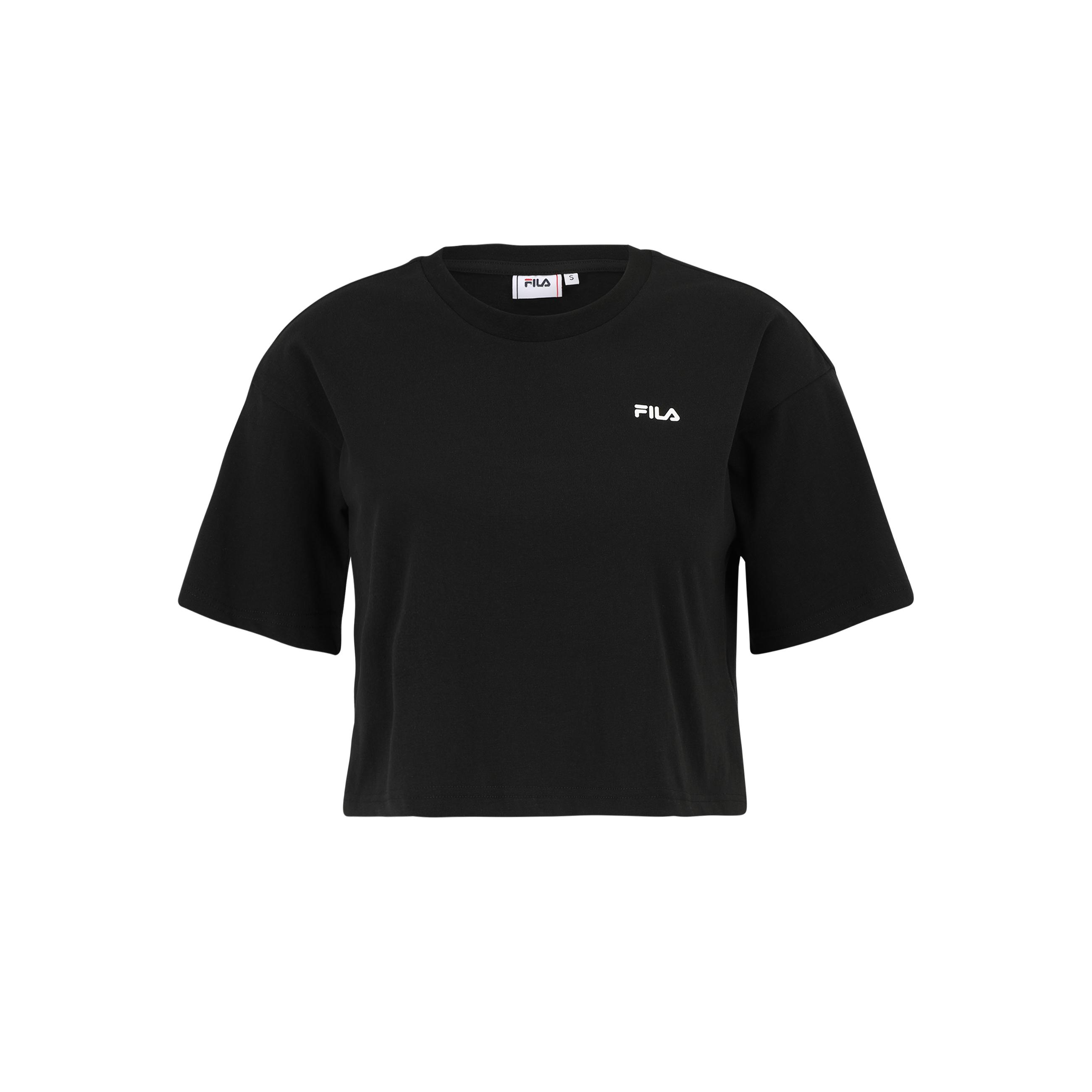 FILA | Camisetas Cropped Mujer, Locri Loose Cropped Tee, Manga Corta y Cuello Redondo, 100% Algodón Orgánico, Corte Holgado, Logo Estampado, Negro y Blanco