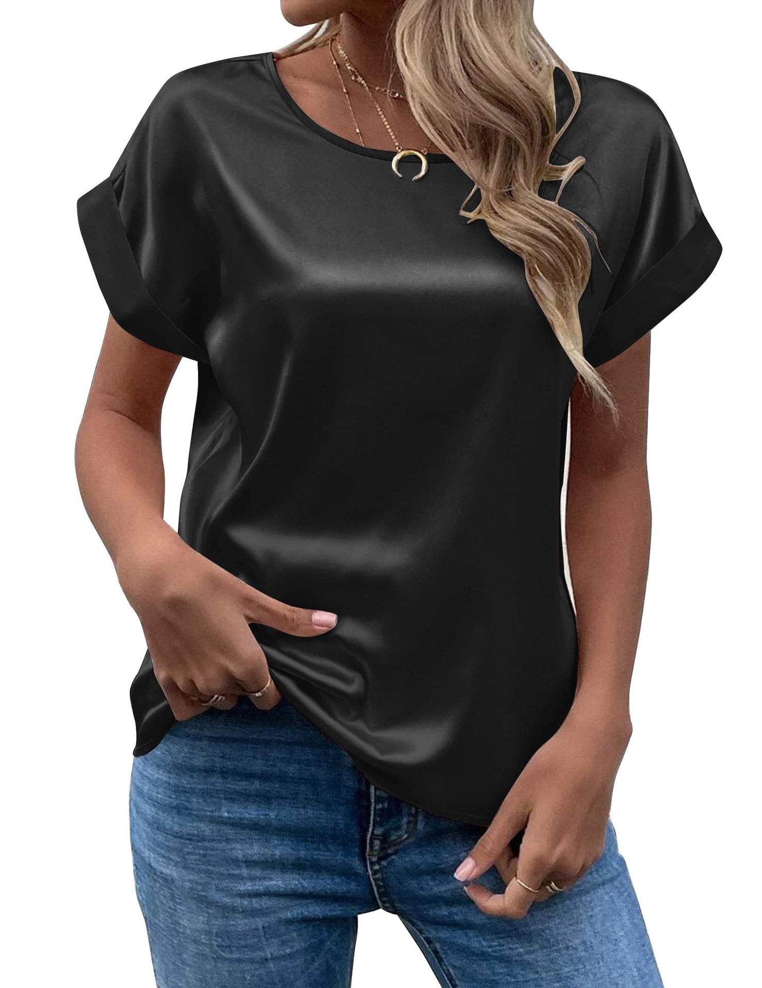 TK Camiseta De Seda Para Mujer Con Manga Corta Estilo Casual Cuello Redondo Colores Variados Talla Grande Primavera Verano