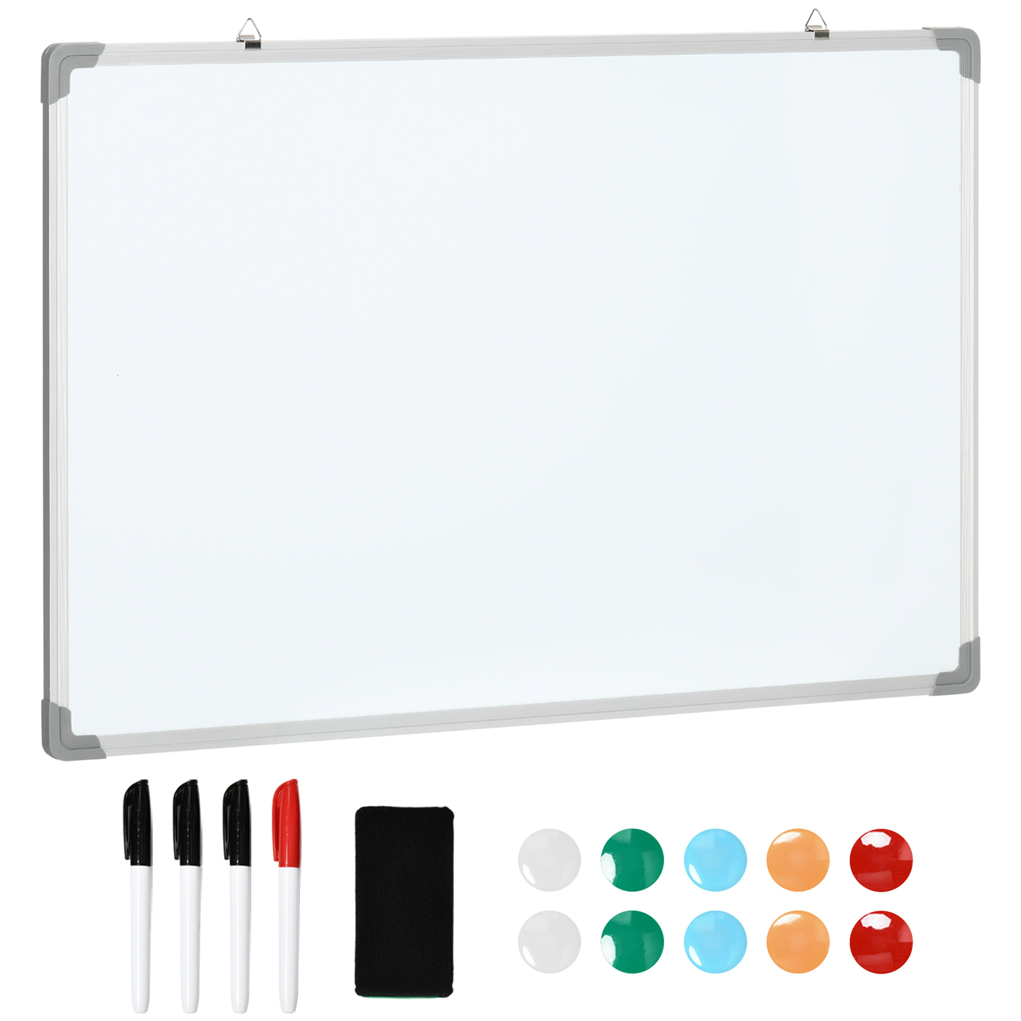 HOMCOM Pizarra Blanca Magnética con Bastidor de Aleación de Aluminio 90x60 cm Pizarra de Borrado en Seco con Borrador 4 Rotuladores y 10 Imanes para Oficina Hogar
