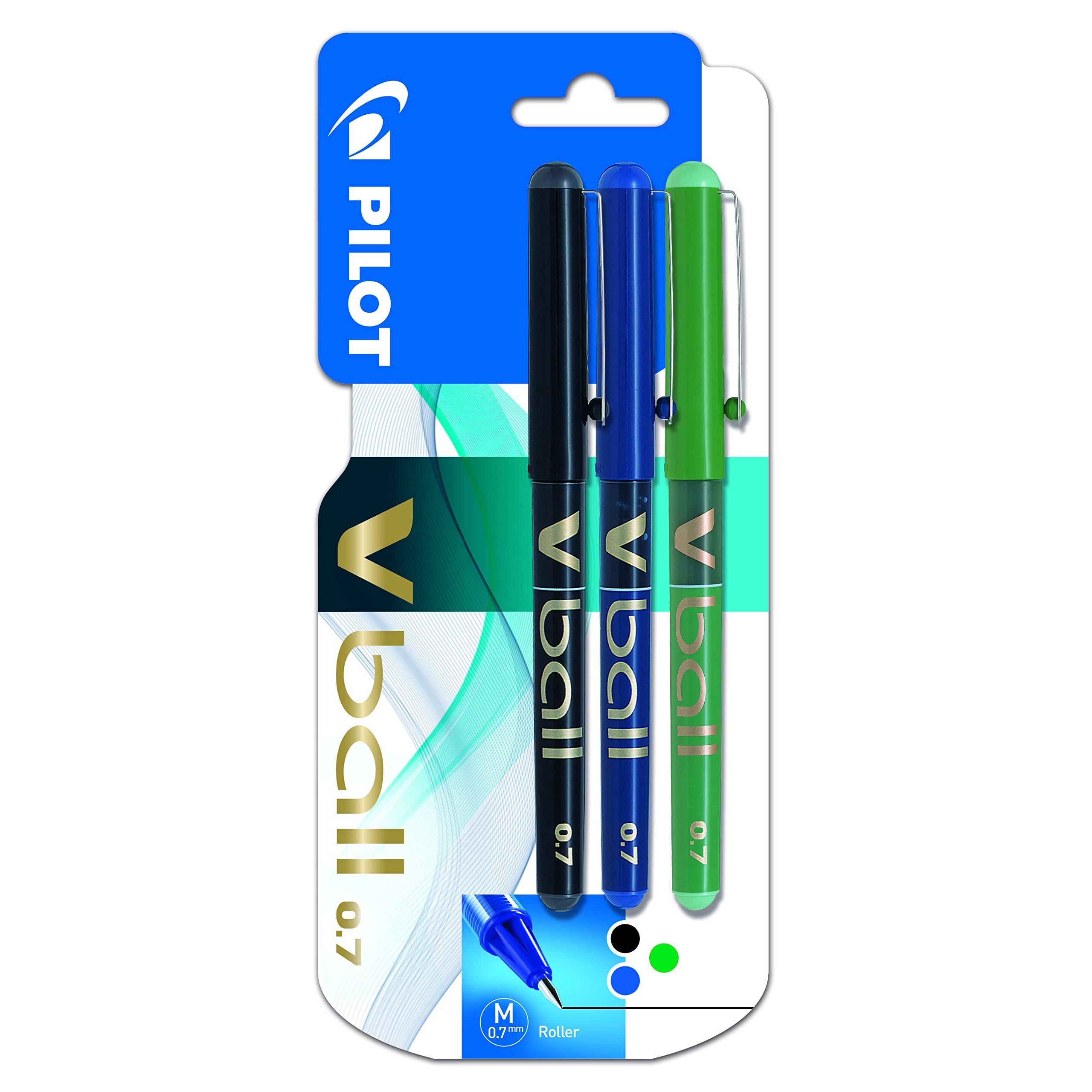 Pilot Vball 7 - Bolígrafo de punta fina y tinta negra (punta rodante de 0,7 mm, paquete 3 unidades, color Assorted