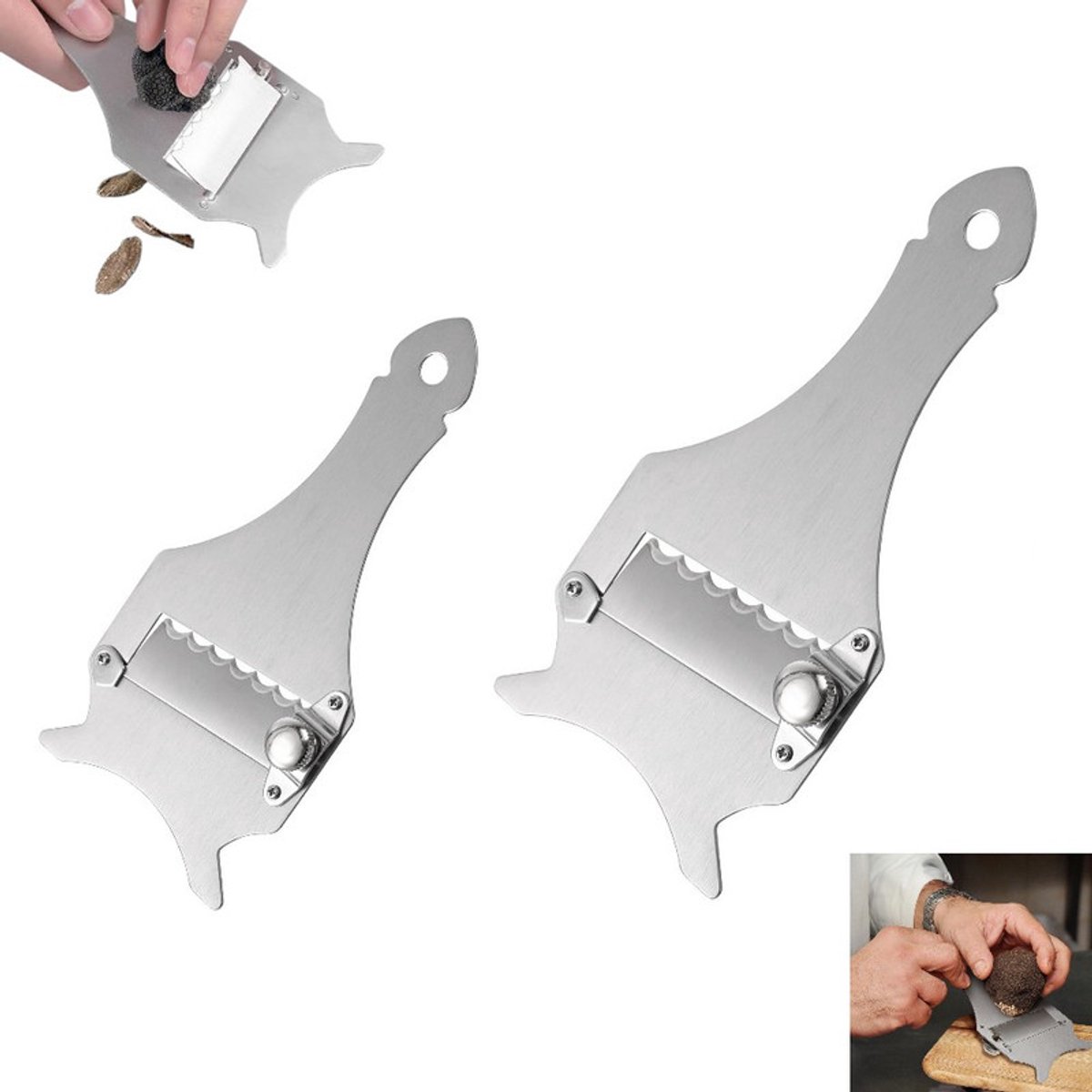2 piezas - Cortador de trufas de acero inoxidable - Ideal para verduras y trufas - Se puede utilizar como cortador de trufas, raspador de queso, rallador de chocolate y pelador de verduras.