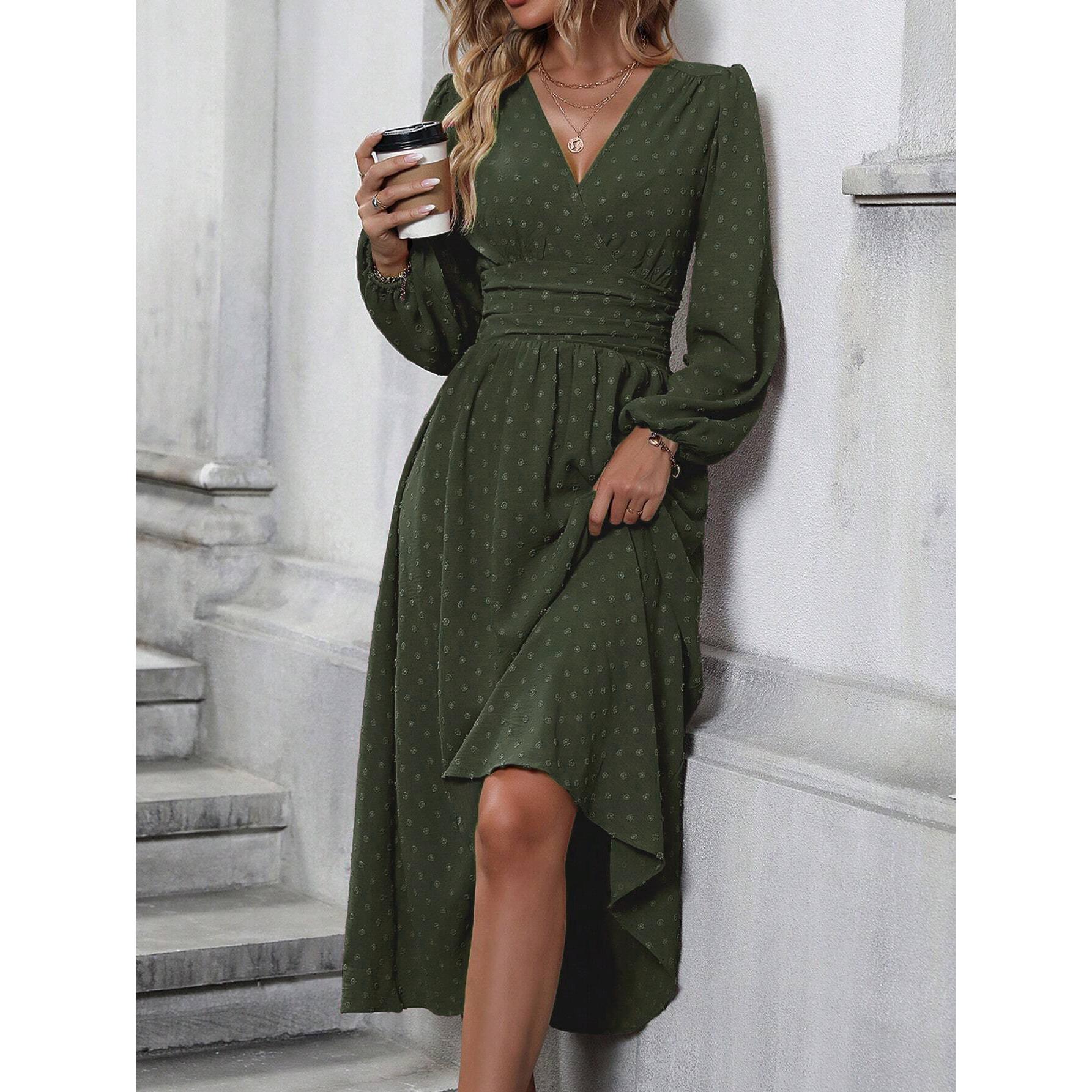 Om Home Vestido largo de otoño e invierno para mujer, nuevo vestido bohemio plisado de cintura alta con lunares suizos, cuello en V y manga larga para vacaciones, otoño e invierno 2025