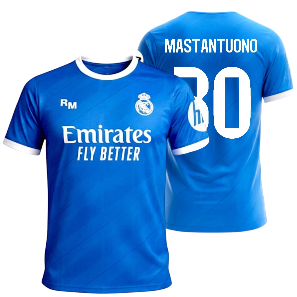 Real Madrid - 3ª Equipación Réplica Oficial | Temporada 25-26 | Color Azul con Detalles Blancos | Nombre y Dorsal Mastantuono 30 | Tejido Transpirable | Slim Fit | Fans y Coleccionistas