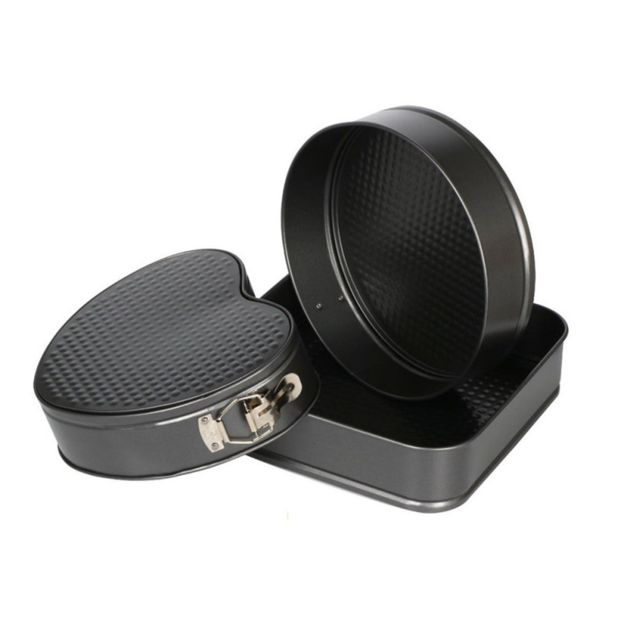 Start Electric | Juego de 3 Moldes para Horno Desmontables de Acero al Carbono Antiadherentes - Color Gris Ideal para Repostería y Pasteles - Formas Cuadradas, Redondas y de Corazón | Marca Gerimport