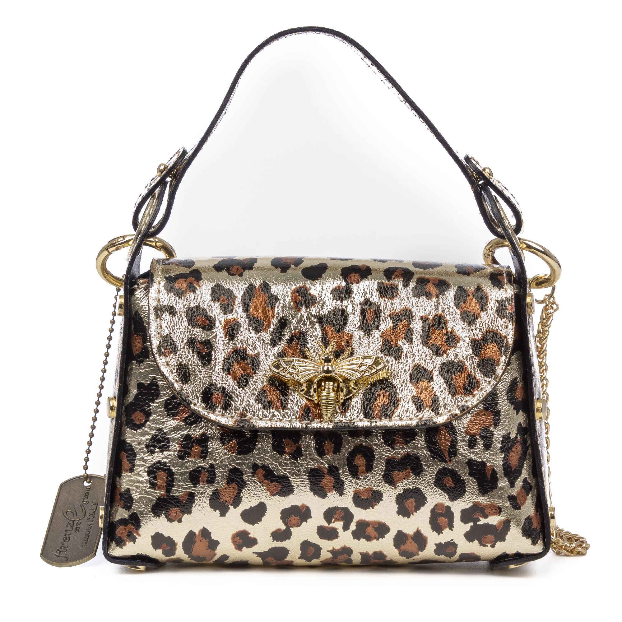 FIRENZE ARTEGIANI Aquileia bolso de mano mujer. Piel auténtica Gamuza con estampado animal print leopardo lacada brillante. Fabricado en Italia 19x7x13 Cm. Color: Leopardo